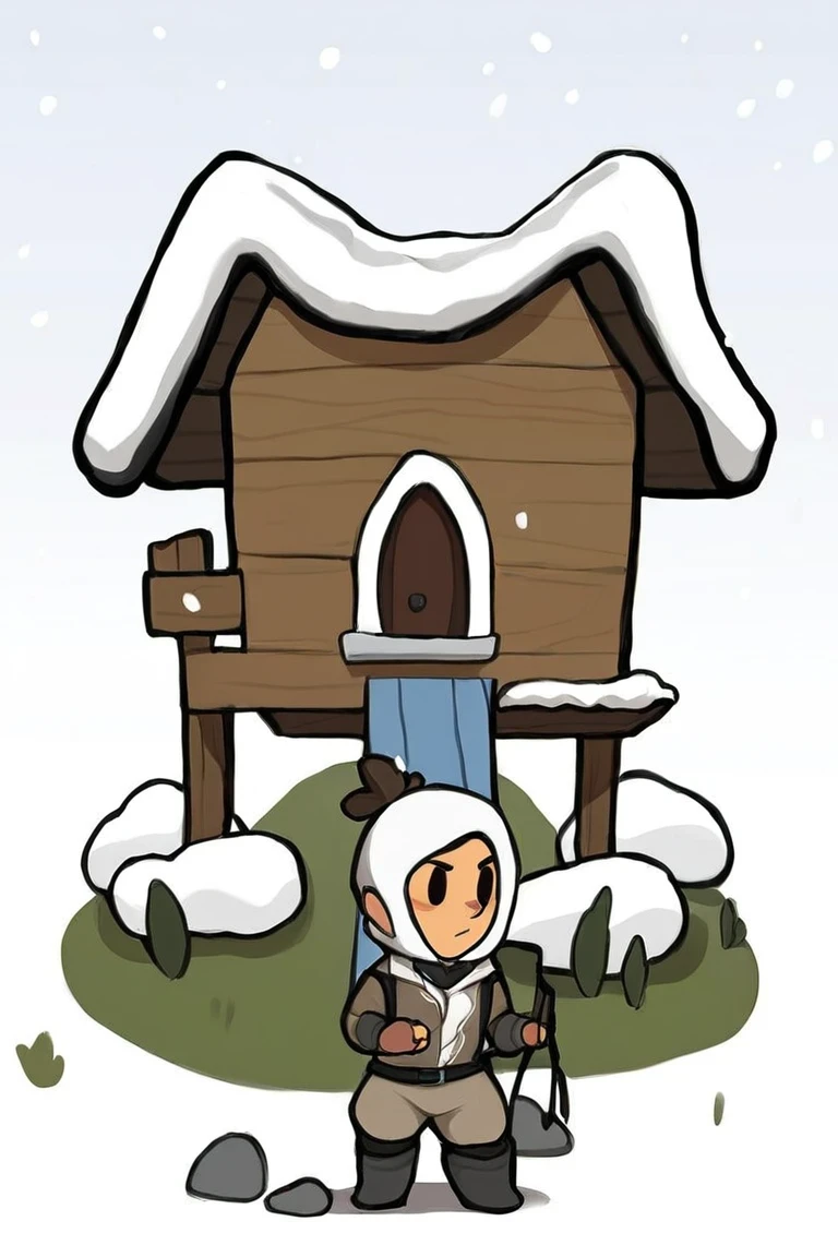 flvcil18 style <lora:style_18_simple_tone_l0-p_flvcil18_style:1>, woman  standing, 
warrior, adorable,
Cozy mountain cabin and snowfall, 
high quality, masterpiece, highres,