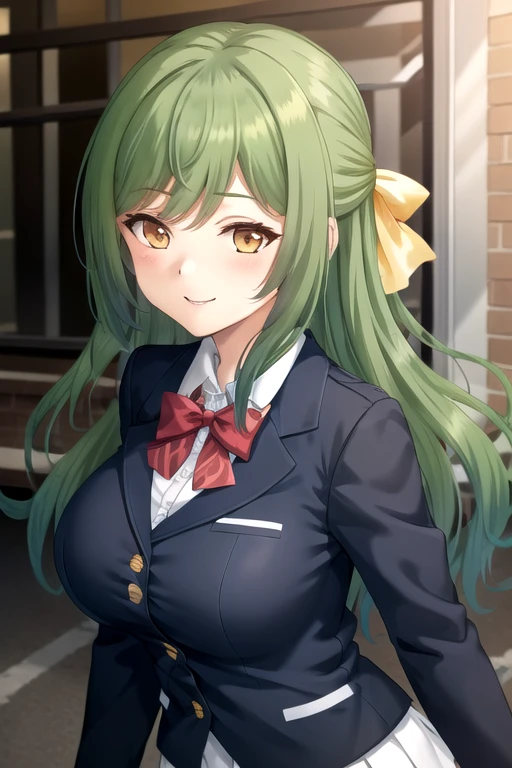 ((masterpiece)),(best quality),official art,extremely delicate and beautiful,extremely detailed CG,unity 8k wallpaper,ultra detailed,beautiful detailed eyes,extremely detailed face,outdoors,1girl,solo,upper body,(portrait:1.5),looking at viewer,facing viewer,smile,Okino Maika,long hair,green hair,half updo,hair ribbon,hair bow,yellow bow,sidelocks,bangs,orange eyes,school uniform,black jacket,blazer,red bowtie,white shirt,collared shirt,long sleeves,large breasts,skindentation,miniskirt,white skirt,pleated skirt,zettai ryouiki,black thighhighs,loafers,black footwear,<lora:Okino Maika(rk):0.7>,