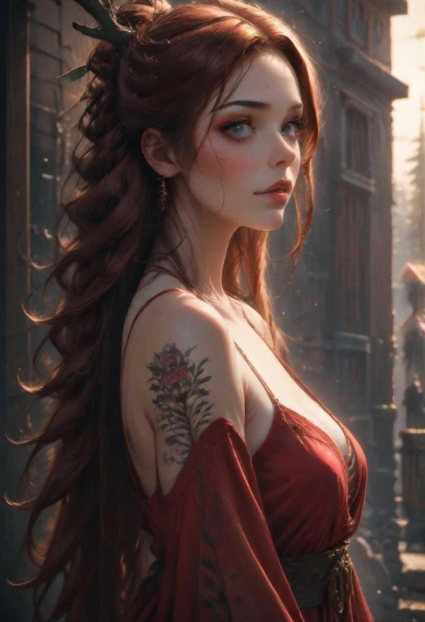 score_9, score_8_up, score_7_up, score_6_up, realistic, full color, volumetric lighting, depth of field, golden hour, Smooth, red dress, tattoo, jewelry 
View from side