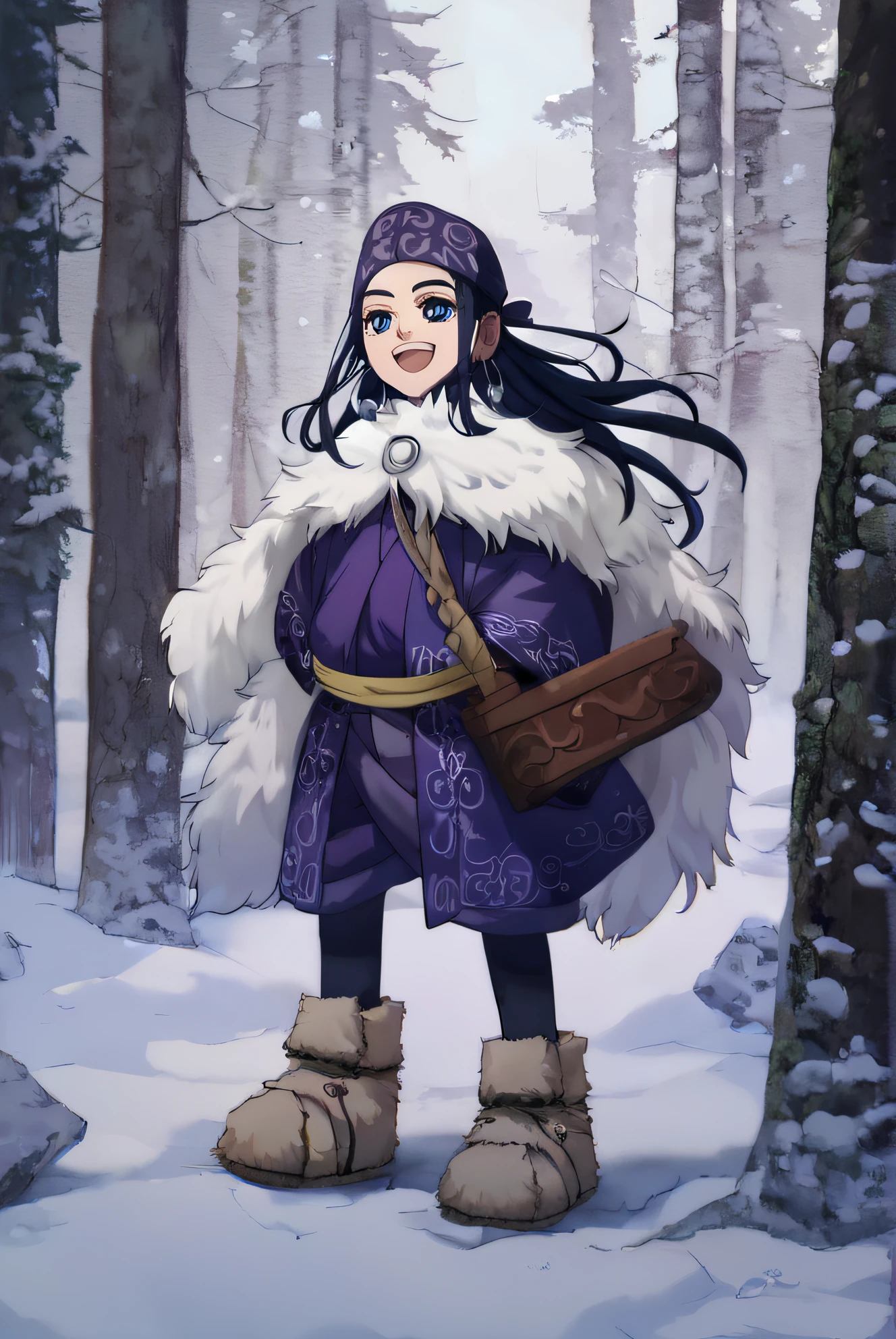 score_9,score_8_up,score_7_up,
asirpa, 1girl, solo, long hair, smile, open mouth, blue eyes, black hair, blue hair,  jewelry, standing, earrings, boots, cape,  bow (weapon), hoop earrings, ainu clothes, bandana headband, fur cape, outdoors, forest, snow, <lora:asirpa-10:1>