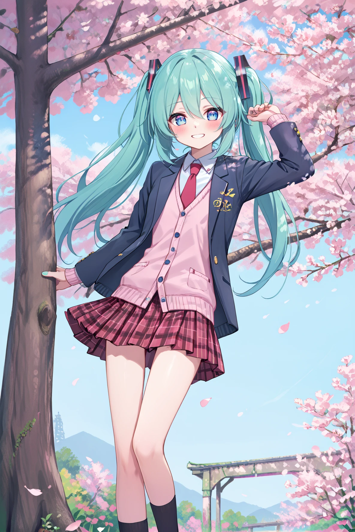  gomyon, 1girl, bangs, blazer, blue eyes, blue sky, blurry, blush, branch, bridge, cardigan, cherry blossoms, cowboy shot, dango, day, eyebrows visible through hair, falling petals, flower, graduation, green hair, hanami, hatsune miku, holding, in tree, jacket, long hair, long sleeves, looking at viewer, necktie, open clothes, open window, outdoors, petals, petals on liquid, pink flower, pink theme, plaid, plaid skirt, pleated skirt, plum blossoms, sakura miku, sanshoku dango, school uniform, shirt, sitting in tree, skirt, smile, solo, spring \(season\), standing, striped, tree, tube, under tree, uniform, wagashi, wind, wind lift, wisteria <lora:Gomyonbrite:0.7>