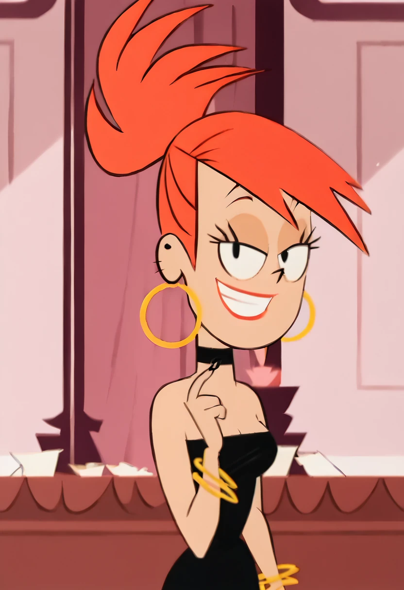 <lora:FrankiePony2.0:1> FrankieFoster, 1girl, lipstick, dress, black dress, solo, jewelry, red hair, smile, earrings, choker, hoop earrings, bangle, ponytail, high ponytail, bare shoulders,indoors, looking at viewer, score_9, score_8_up, score_7_up, score_6_up, score_5_up, score_4_up