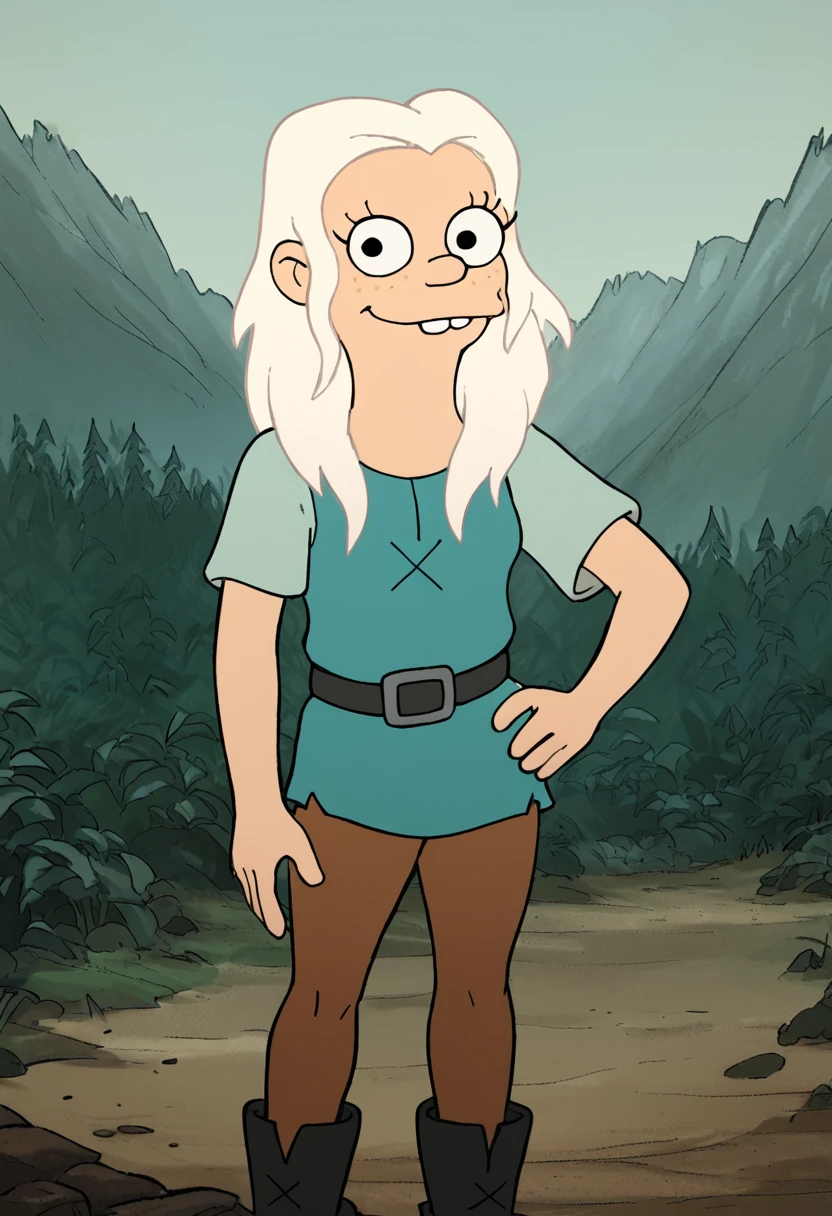 <lora:BeanPony2.0:1> tiabeanie, white hair, 1girl, long hair, buck teeth, solo, freckles, blue tunic, belt, brown pants, boots, black eyes, looking at viewer,smile, hand on own hip, cowboy shot, score_9, score_8_up, score_7_up, score_6_up, score_5_up, score_4_up,outdoors,