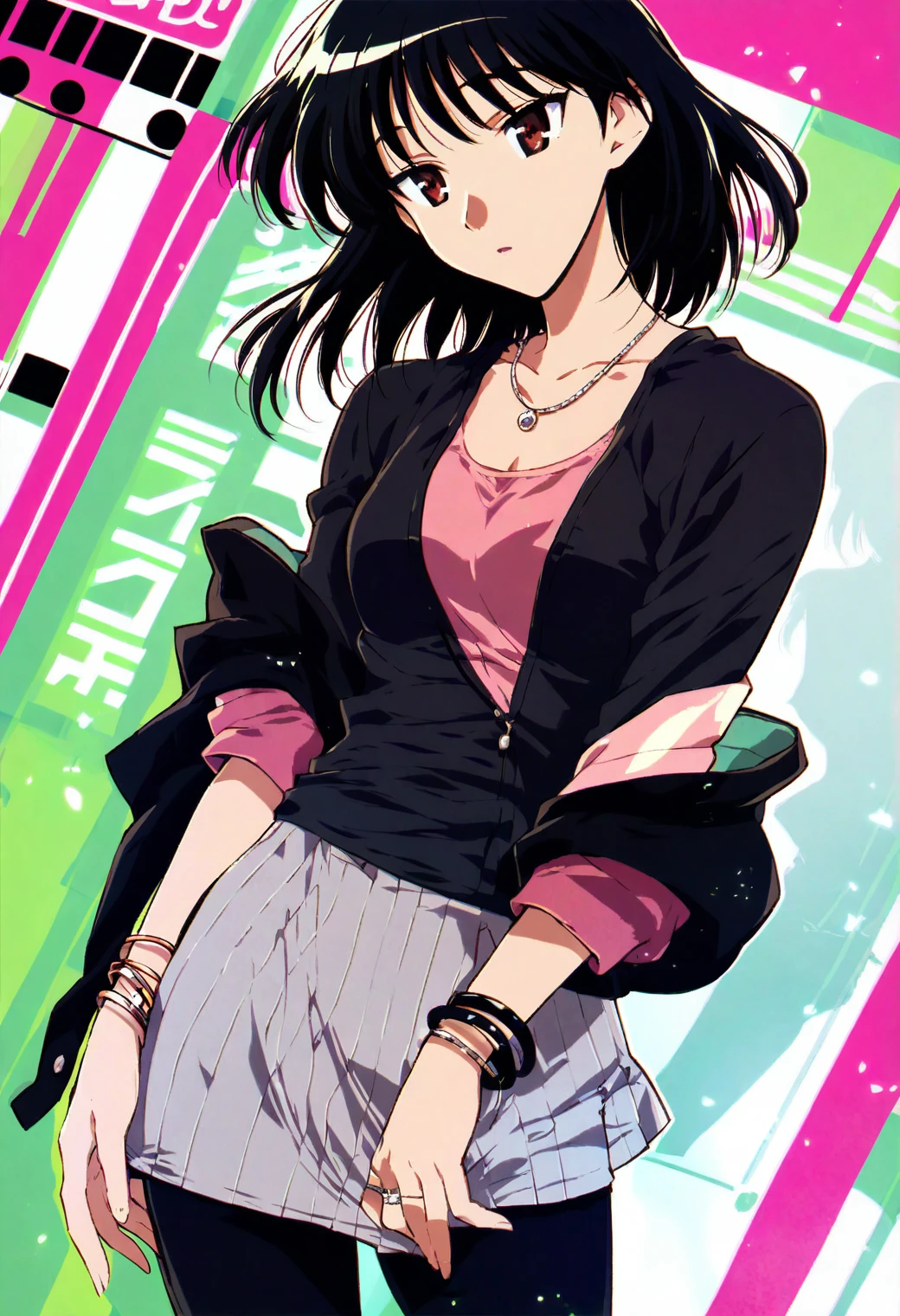 <lora:tsukamoto_yakumo_ponyxl_DoRA_v4:1>, tyakumo, solo, dutch angle, cowboy shot, looking to the side, standing, leaning to the side, pink top, open jacket, black jacket, necklace, ring, bracelet, black undershirt, black pants, jewelry, layered clothes, grey microskirt, hand on own crotch, head tilt, parted lips, cover page, text,
score_9, score_8_up, score_7_up, score_6_up, anime coloring