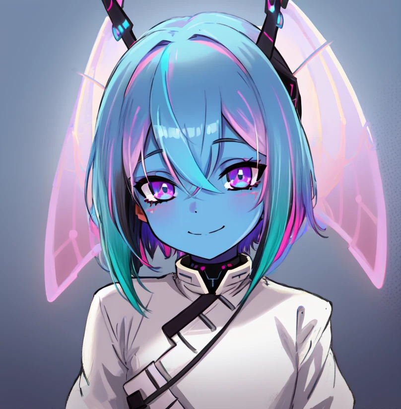 AxelDev, Cerabit, 1girl, solo, blue eyes, antennae, colored skin, colored sclera, blue hair, multicolored hair, short hair, portrait, looking at viewer, gradient, smile, gradient background, black sclera<lora:AxelDev_Style_danbooru_e621:1>