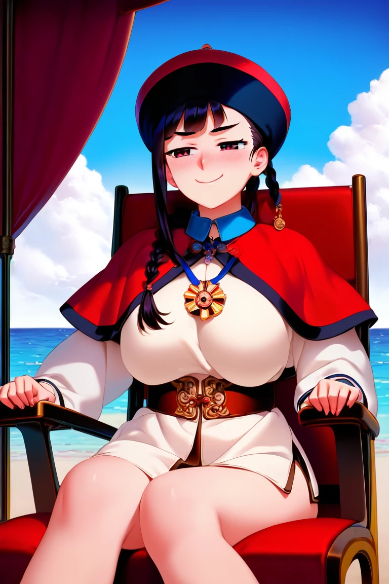 score_9,score_8_up,score_7_up,score_6_up,masterpiece,best quality,absurdres,high resolution,extremely detailed,zPDXL2,anime,game cg,1girl,solo,black hair,single braid,long hair,blush,military uniform,beiyanfleet,cowboy shot,solo focus,large breasts,<lora:Koume_Keito_PonyXL_dim32:1:lbw=1,0,0,0,1,1,0,1,1,1,1,1>,blue sky,cloud,ocean,beach,<lora:beiyangfleet-XLpony-v1:0.9:lbw=1,1,1,1,1,1,1,1,1,1,1,0>,smug,sitting,chair,qing capelet,black tangzhuang,blue collar,qingcap with peacocktail,medal necklace, medal, breast medal,