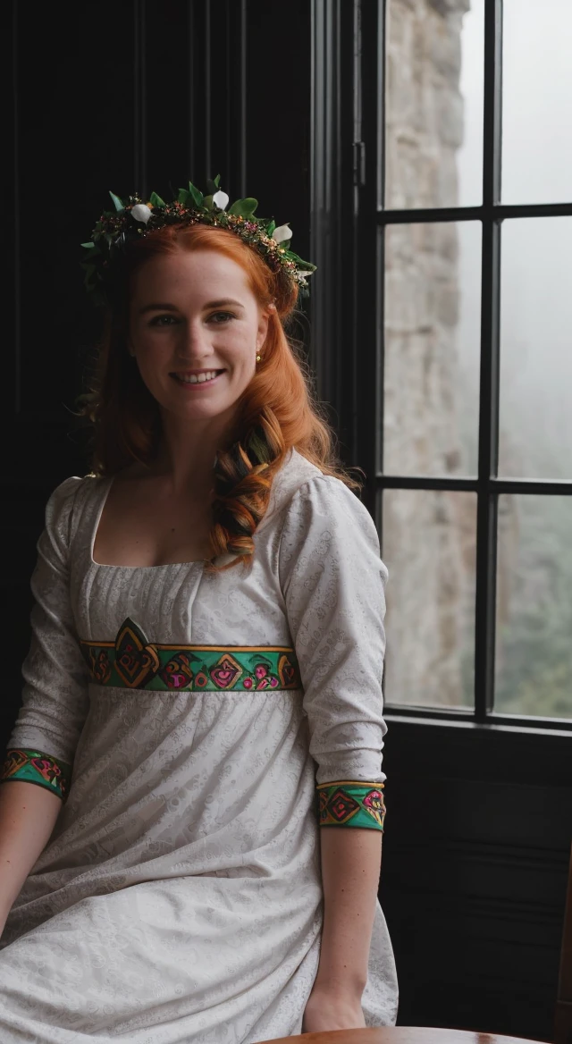 RAW photo, subject, 8k uhd, dslr, soft lighting, high quality, film grain, Fujifilm XT3, professional photo, (detailed skin:1.3), high quality, woman sitting at a beautiful ornate table next to a window drinking tea, table decor, beautiful wallpaper, wooden panels on the walls, dress with lots of fabric layers, hard shadows, lavender dress, white hair, trim, young woman, <lora:Bridgerton_Dresses:0.62> , bridgerton dress, empire waist, bridgerton clothing, gloves, (smiling, cheerful, colorful:0.3) Girls-Next-Door_Michelle ((Photograph of an Irish woman, looking to the side, freckles, ginger hair, long hair, head wreath, celtic knots, white dress, (dark, foggy, dimly lit, silhouette:1.2), stone ruins, coastal hills, (best quality, detailed),)), (dress with harlequin pattern, harlequin patterned fabric:1.5), long sleeves,