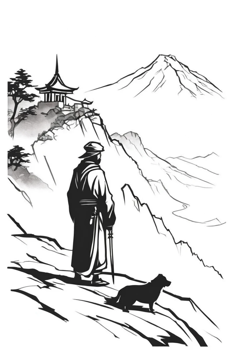 flvcil05 style <lora:style_05_line_art_l2-x_flvcil05_style:1>, dog  standing, 
ninja, good,
Cliffside monastery and misty mountain backdrop, 
high quality, masterpiece, highres,