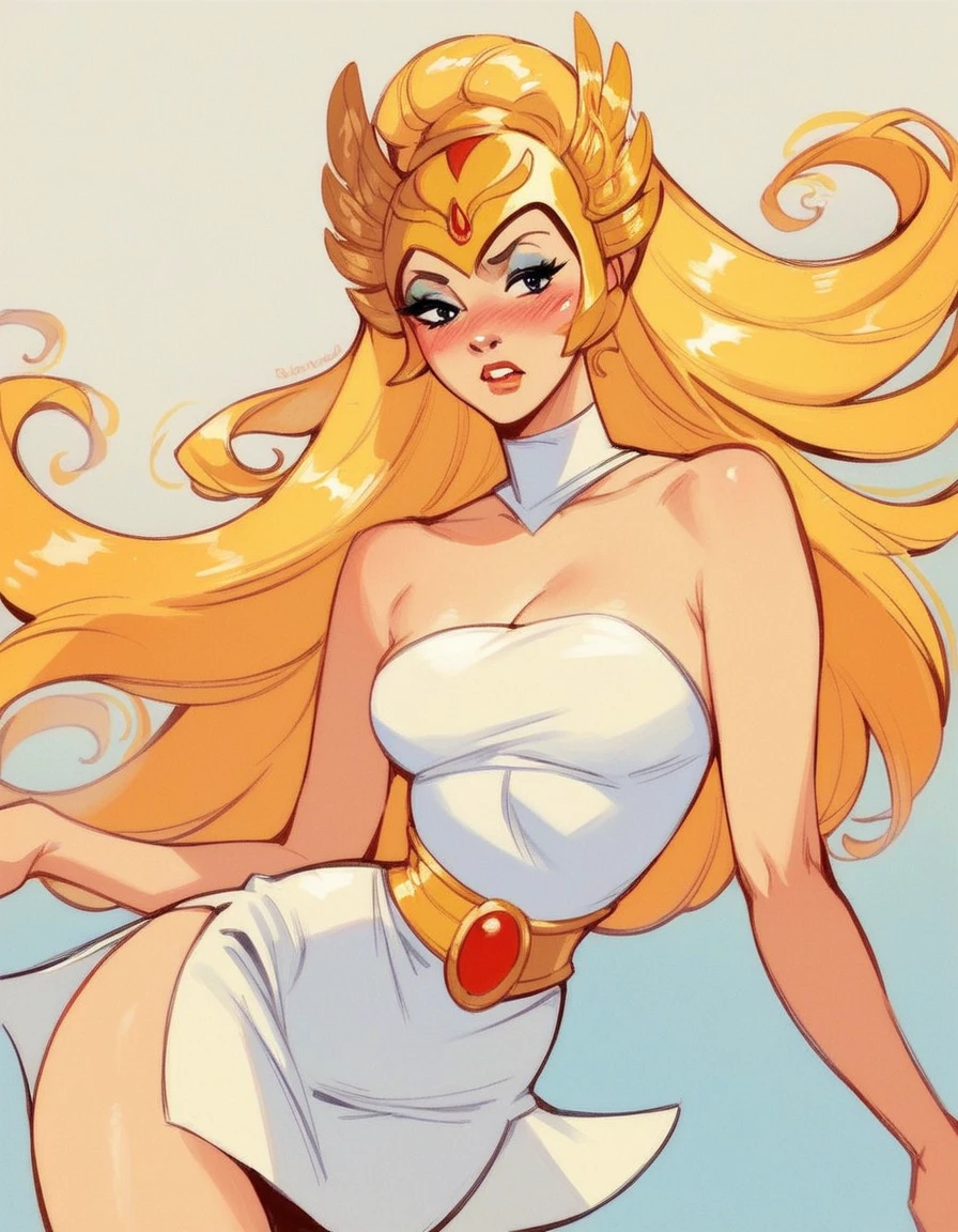 score_9, score_8_up, score_7_up, score_6_up, score_5_up, score_4_up, 1girl, long blonde hair, white short dress, bare shoulders, gold helmet, blush, makeup, hud_shera_bk_styl, retro artstyle, <lora:shera-000007:0.6>,