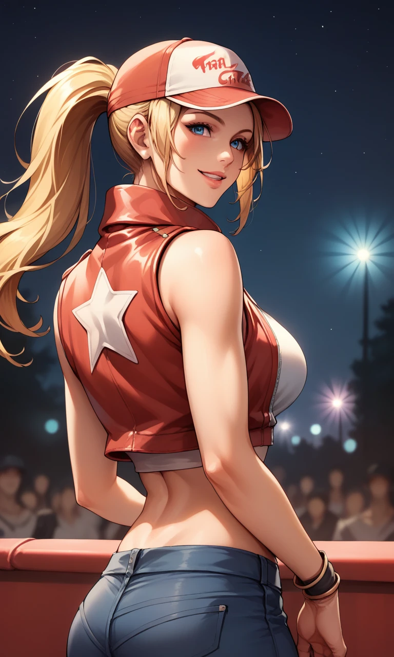 score_9, score_8_up, score_7_up, score_6_up, source_anime, BREAK masterpiece, FCTerry, blue eyes, baseball cap, ponytail, cropped jacket, midriff, back, star print, looking back, smile, parted lips, stage lights, 