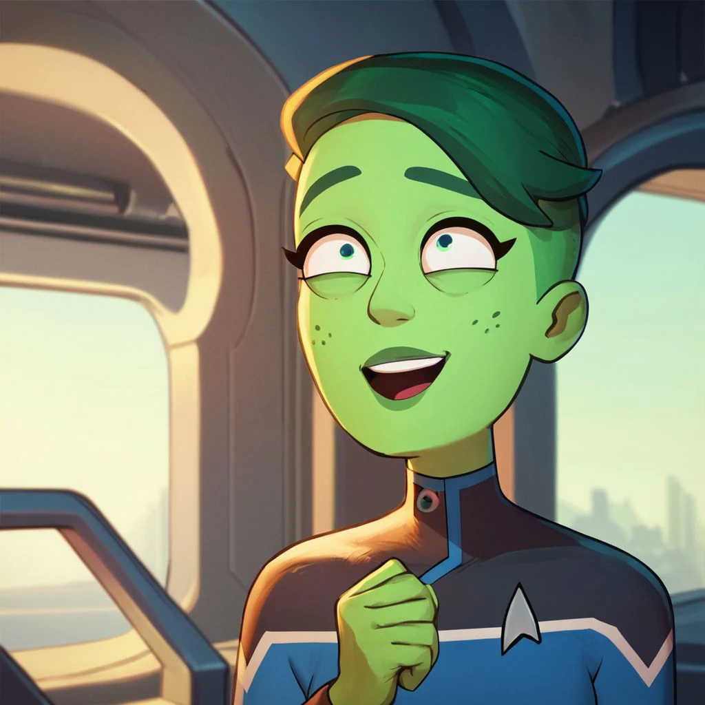 score_9, score_8_up, score_7_up, score_6_up, score_5_up, score_4_up, 1girl, Tendi, green skin, on a spaceship, excited, green hair,