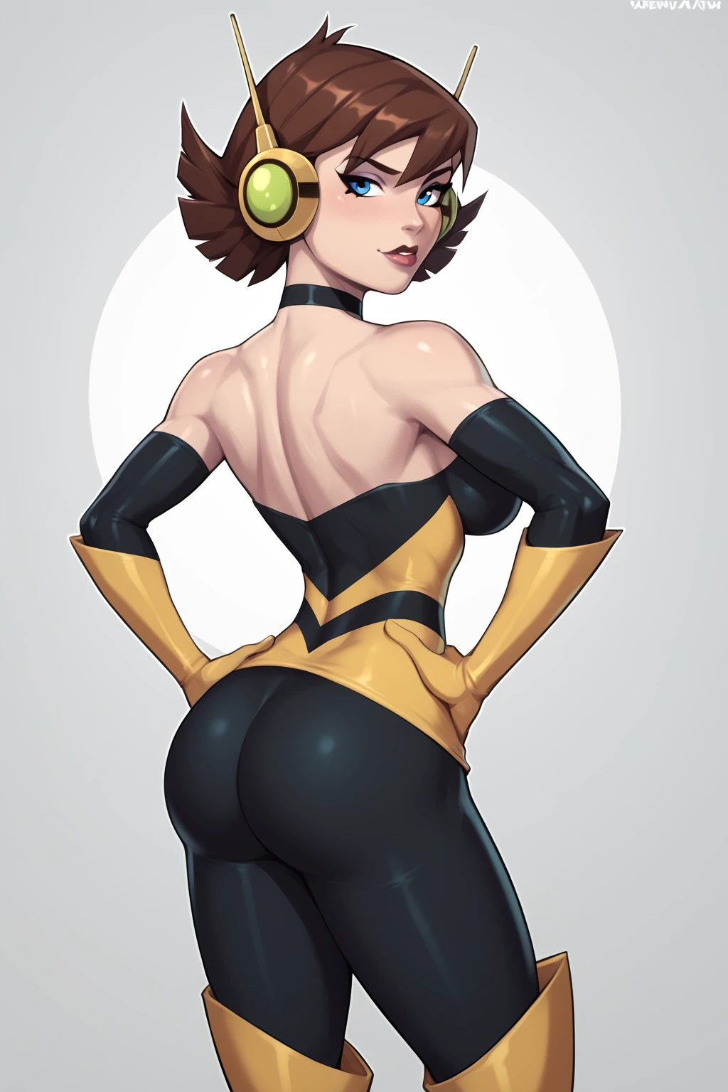 style parody, parody, source_cartoon, score_9, score_8_up, score_7_up, score_6_up, <lora:add-detail-xl:1>, ((zPDXL2)), (perfect anatomy), cowboy shot BREAK  <lora:Wasp:1> janet van dyne, blue eyes, short hair, brown hair, multicolored hair, (looking back at viewer), headphones, choker, cleavage, strapless, bare shoulders, elbow gloves, pantyhose, boots, lipstick, makeup, large breasts, curvy, toned, athletic, hands on hip, standing in luxurious bedroom