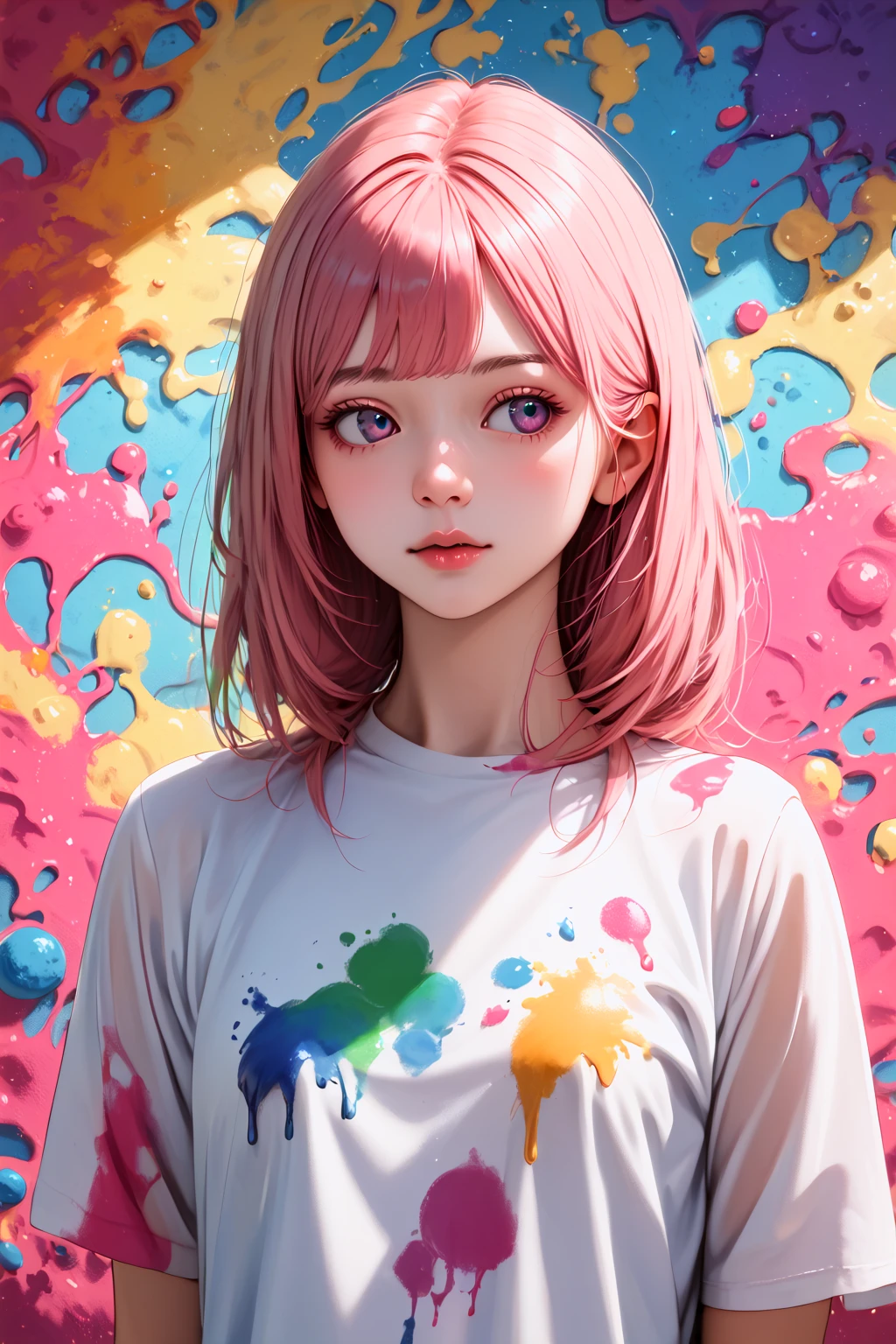 score_9, best quality,realistic
1girl,colorful,paint,t-shirt,looking at away,art,