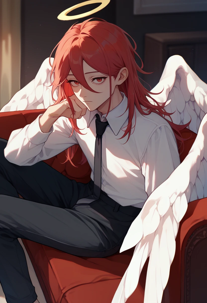 score_9, score_8_up, score_7_up, solo, male focus, 1boy, angeldevil, expressionless, looking at viewer, sitting, couch, red hair, halo, red eyes, white shirt, collared shirt, black necktie, long sleeves, black pants, white wings, angel wings, indoors <lora:csm_angeldevil_ponyXL:1>