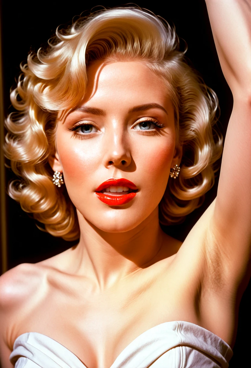 Merilyn Monroe, (((closeup shot))), cinematic photo, intricate details, natural lighting, volumetric light, dust particles, analog photography, Fujifilm, soft shadows, bathroom, morning, award winning photo, hyperdetailed, ultra-realistic,