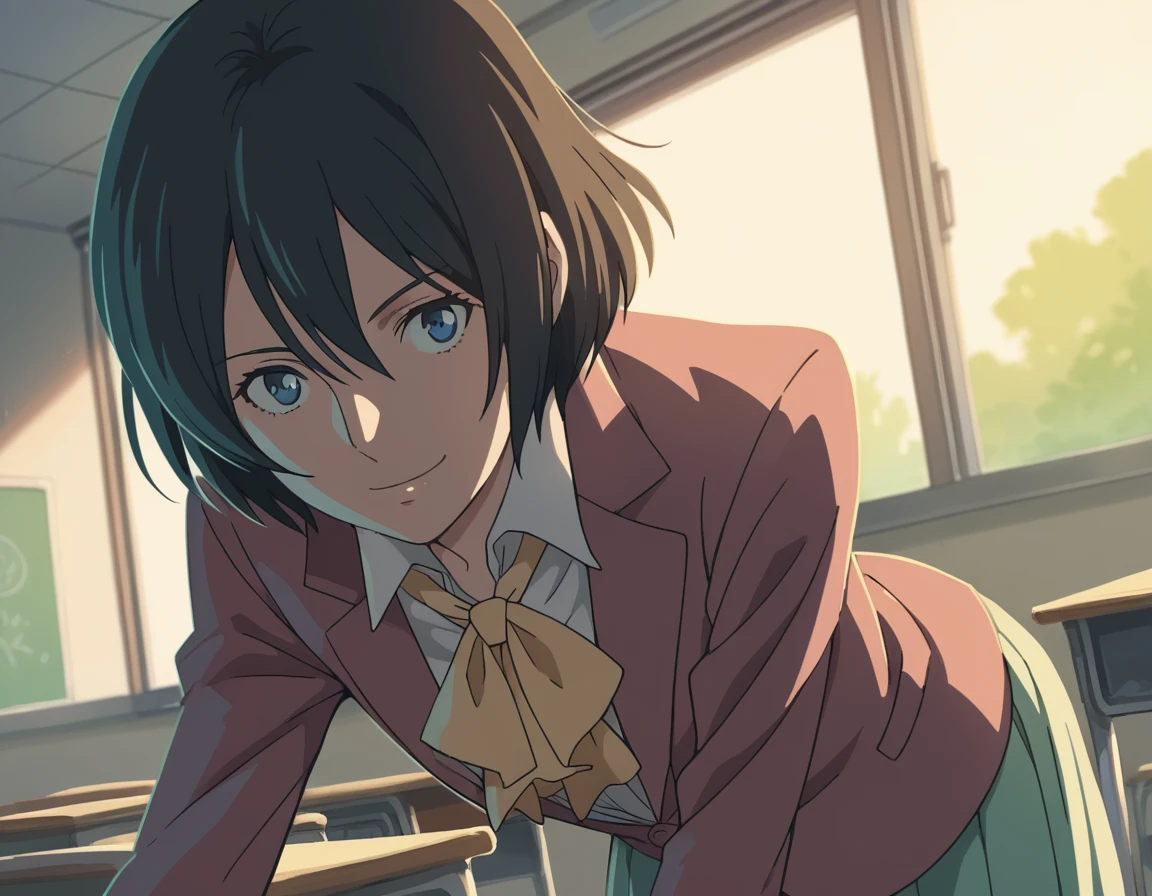 score_9, score_8_up, score_7_up, source_anime,
yukariyukino, <lora:yukari-yukino-movie-ponyxl-lora-nochekaiser:1>,
yukari yukino, short hair, black hair, blue eyes, hair between eyes,
shirt, collared shirt, white shirt, ascot, blazer, peach blazer, skirt,
indoors, classroom, bent over, smile,
cowboy shot, looking at viewer, solo, dutch angle,