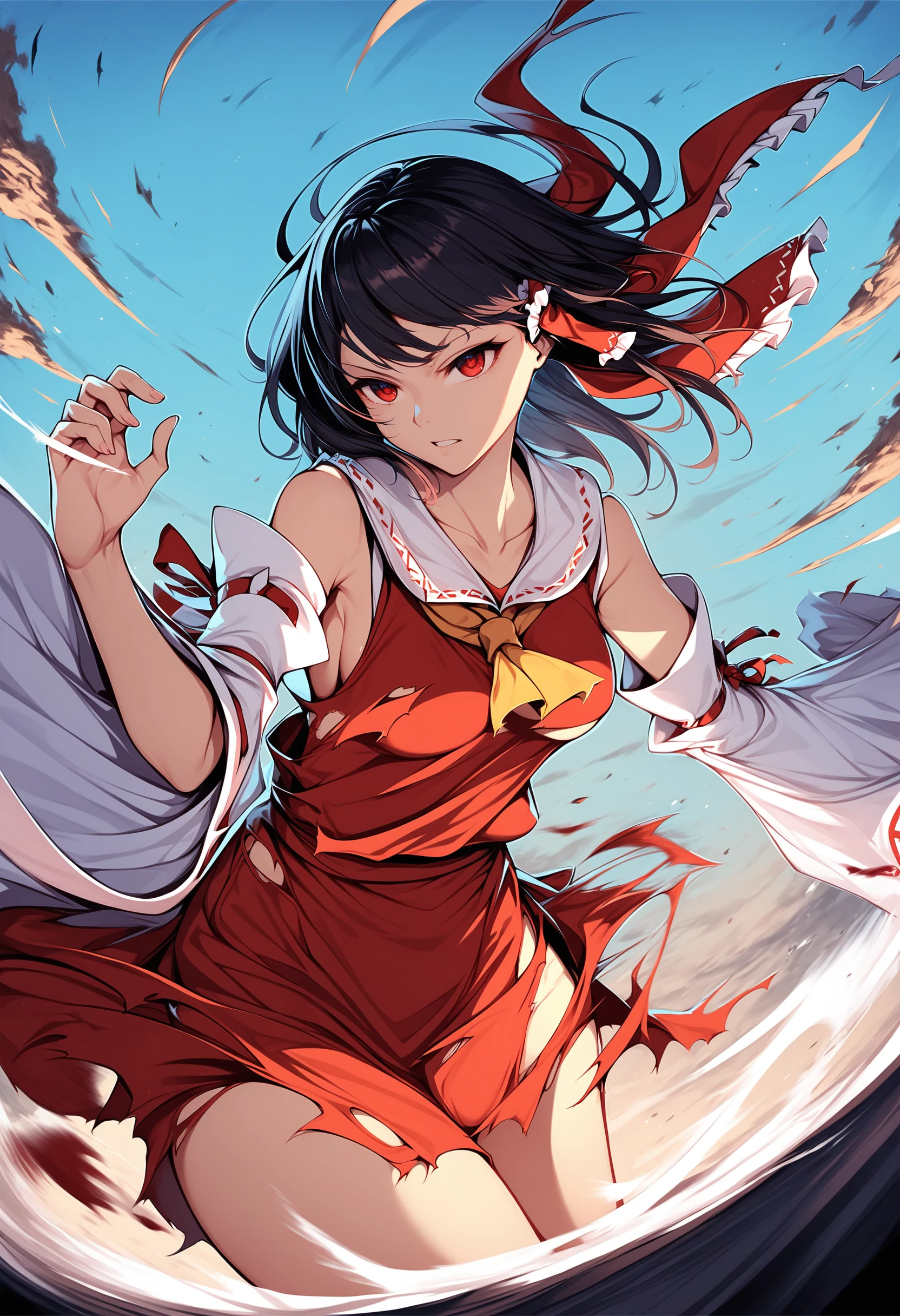masterpiece,(best,great:1),1girl,solo,hakurei reimu,flying,black hair,hair tube,miko,detached sleeves,collarbone,bare shoulders,medium hair,sky,midair,torn clothes,battle,red eyes,cowboy shot,medium breasts,wide sleeves,bow,spinning,hand up,