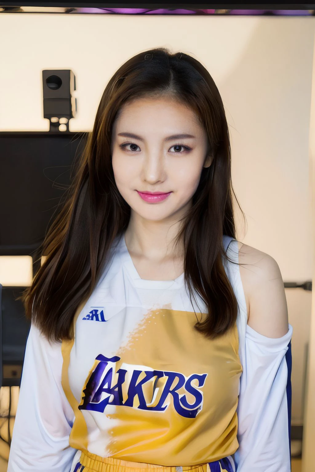 1girl, solo, large breasts, looking at viewer, realistic, photorealistic, lips, brown hair, smile, long hair, black eyes, brown eyes, closed mouth,, hyper detailed, super sharp, crisp, smooth, smooth gradients, depth of field, (in studio: 1.1), (white background: 1.1), <lora:jenny:1> , <lora:breastsizeslideroffset:-0.2>, <lora:skin_slider_v2_1_FACE:0.5>, <lora:add_detail_v5:1>, (basketball jersey, lakers, sport pants) (sfw)