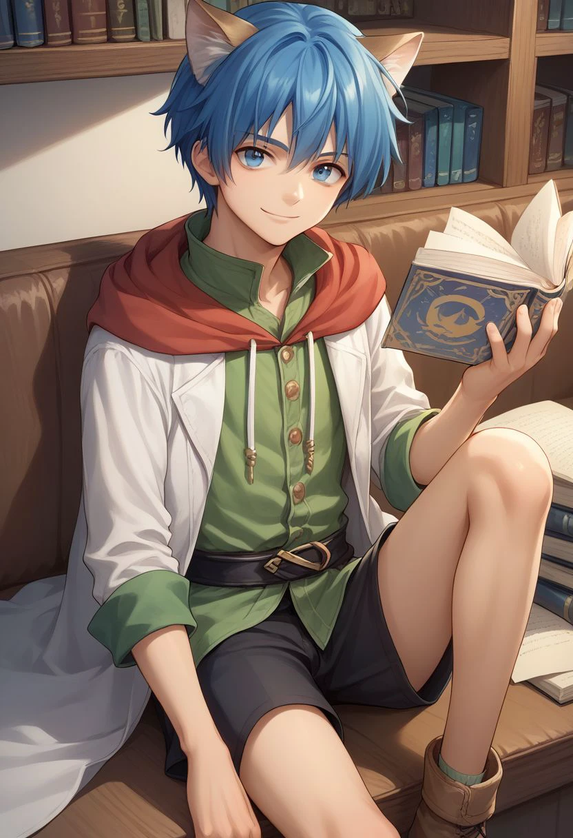 score_9, score_8_up, source_anime, highly detailed, slender, skinny, cute,
leon, animal ears, 1boy, male focus, solo, book, blue eyes, blue hair, shorts, cat ears,
sitting, smile, looking at viewer, open book.
indoor,