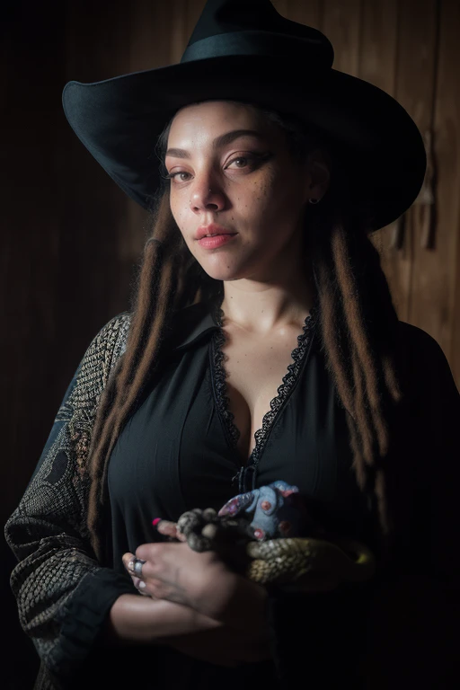 DEN_moonlighty_OF,
(as a voodoo witchdoctor dressed in rags with tattoos on her face in a shack with a (voodoo doll:1.2),snakes,swamp,atmospheric,cinematic lighting,dynamic lighting,using a voodoo doll,((voodoo doll:1.2)),(rag clothing),macabre,dreadlocks:1.2),
bokeh, f1.4, 40mm, photorealistic, raw, 8k, textured skin, skin pores, intricate details <lora:epi_noiseoffset2:1>, epiCRealism <lora:ClothingAdjuster3:-1>