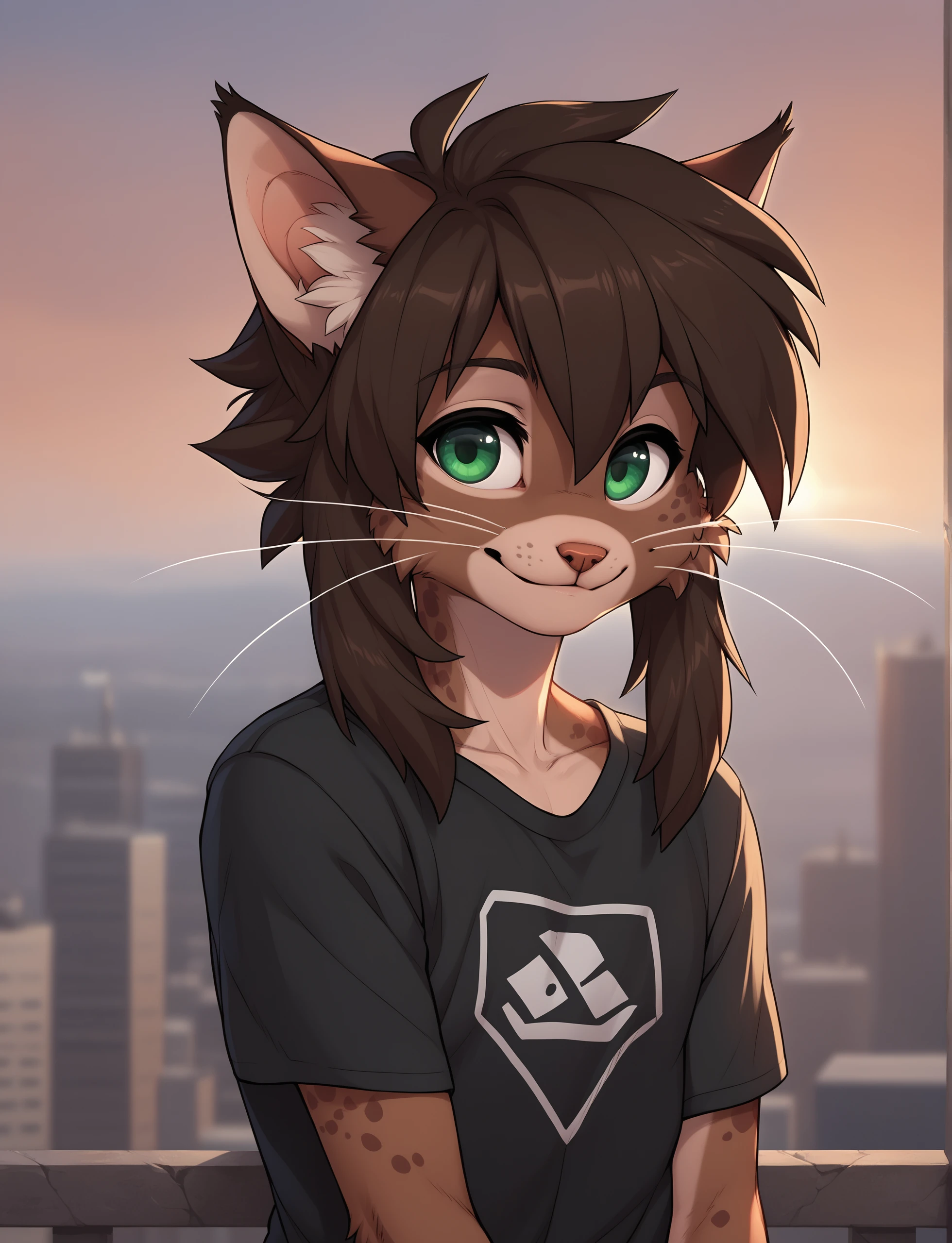 score_9, score_8_up, score_7_up, score_6_up, score_5_up, score_4_up, cityscape, outdoors, bokeh, realistic, source_furry, sunset BREAK
<lora:twix_fluffkevlar_ponyXL_v1.3_0.99:1> twix, 1boy, solo, brown hair, medium hair, whiskers, green eyes, furry, closed mouth, black t-shirt, portrait, light smile
