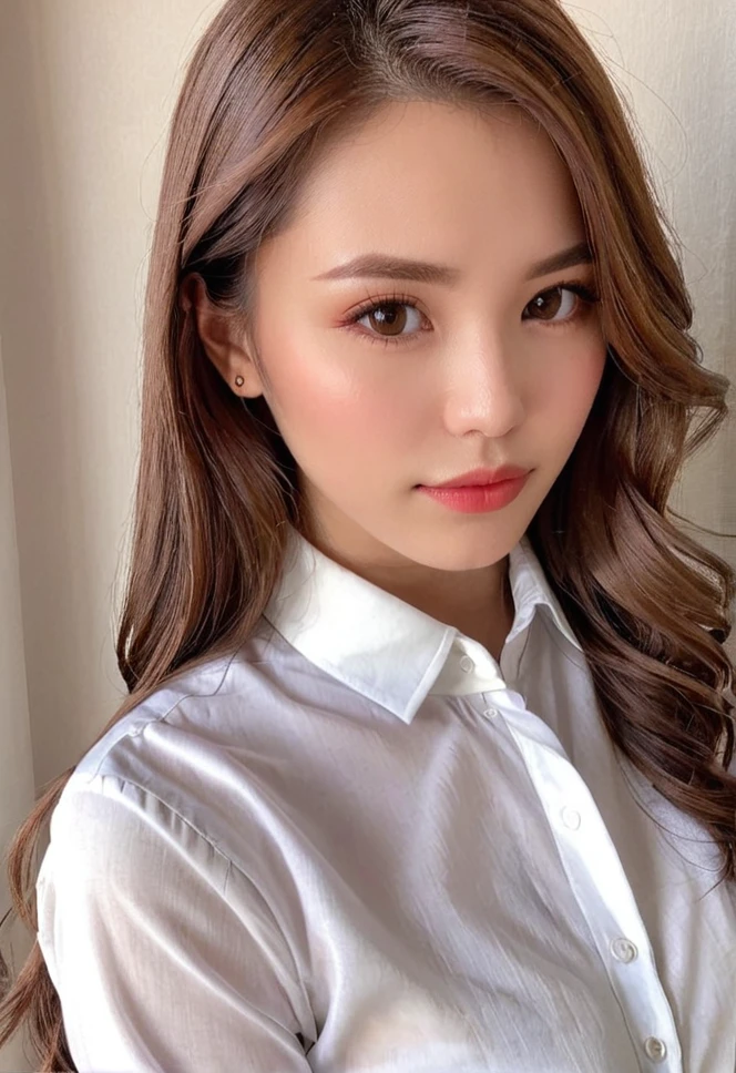 <lora:JapanZ_Big_Eyes:0.8>, 1girl, solo, brown eyes, brown hair, lips, shirt, long hair, looking at viewer, upper body, white shirt
