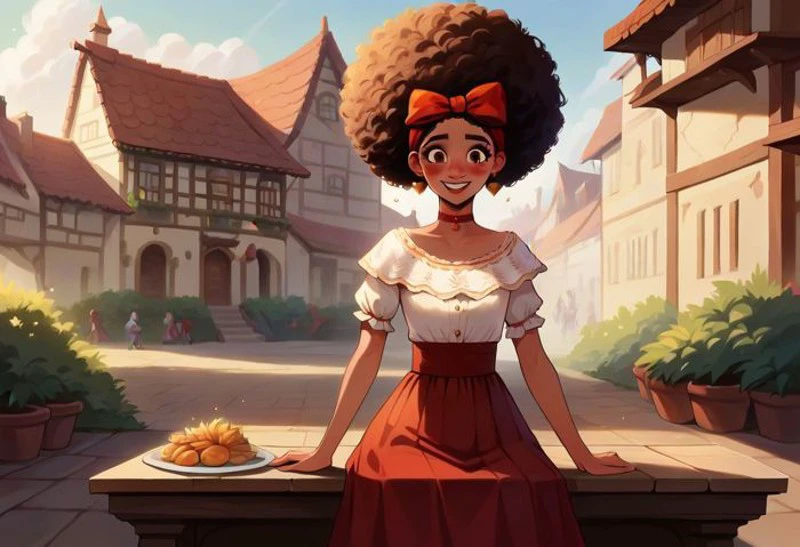score_9, score_8_up, score_7_up, score_6_up, score_5_up, score_4_up, ponypositive, MENOZIRIATH_STYLE
1girl, Dolores Madrigal, Dolores Madrigal(/Encanto)/,(ultra HD quality details), black skin, ebony girl, (afro, hair bow), upward hairbun, hair bow, earrings, red choker, brown eyes, Slim girl, flat chest, tiny breasts, wide hips, narrow waist, skinny,
dolores,brown hair,upward hair,brown eyes,
hair bow,earrings,red choker,shirt,skirt,
village,food in background,table,outside,smile,
(insanely detailed, beautiful detailed face, masterpiece, best quality),<lora:doloresENC:0.8>,