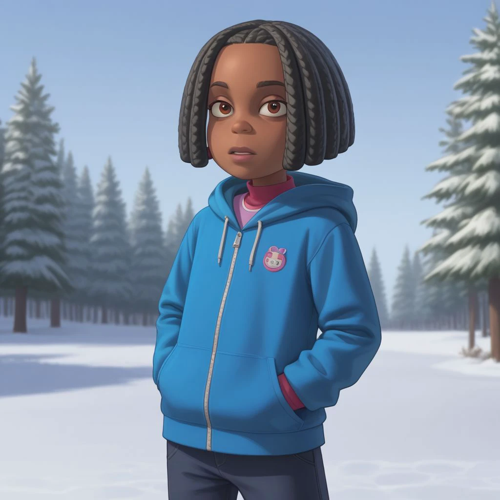 score_9, score_8, score_7, BREAK, 1girl, solo, libby, dark skin, black hair, dreadlocks, hoodie, hands in pocket, outdoors, snow