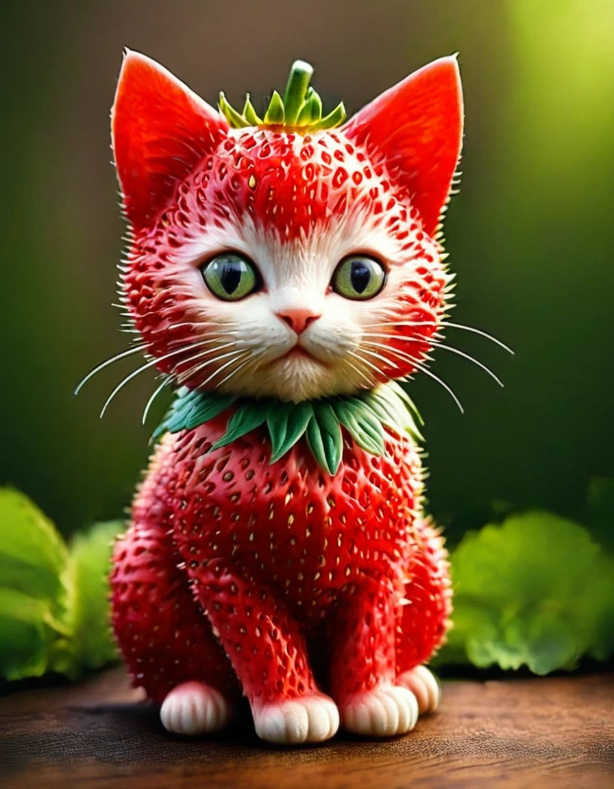 cat, detailed realistic close up of a strawberry shaped like a kitten, sitting, natural light, strwbrrxl
