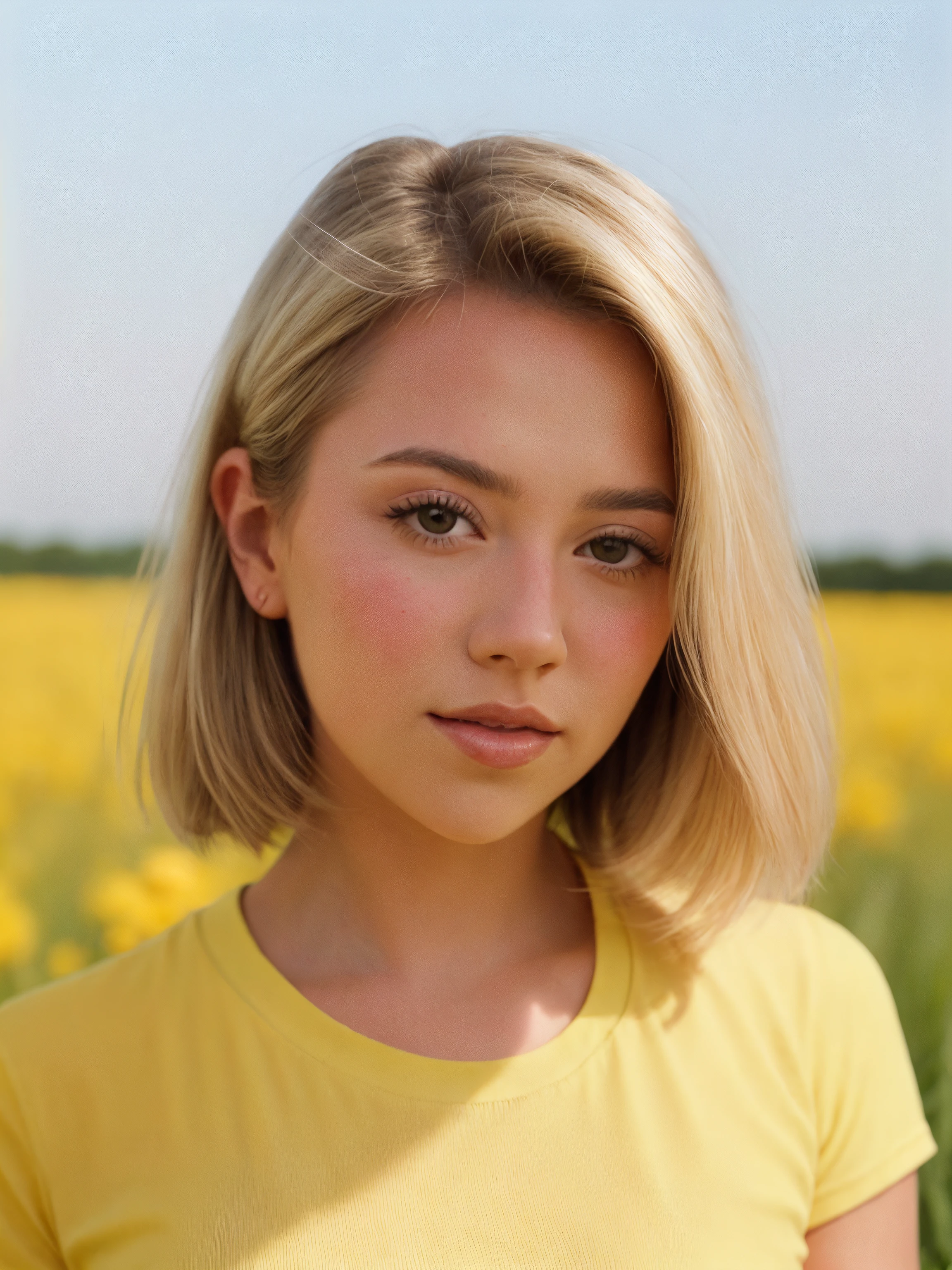 h@ll3p@yn3, <lora:h@ll3p@yn3-000005:1>>, ((closeup headshot)) of a beautiful woman, perfect blonde hair, ((wearing yellow shirt)), grass field, clear and bright summer day, soft shadows, cinematic, still, vignette, highly detailed, film grain, realistic <lora:add_detail:0.7