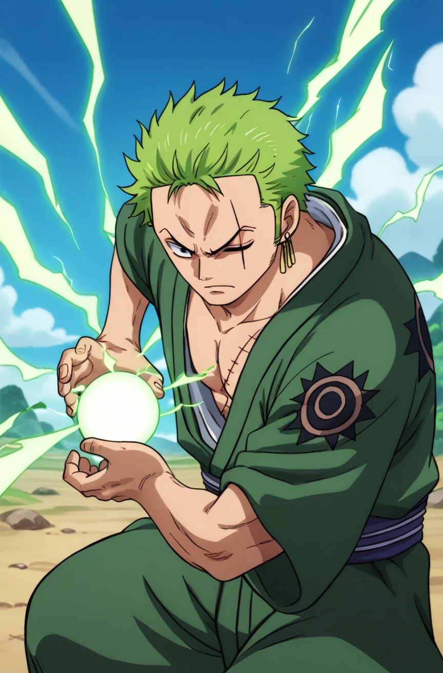 score_9, score_8_up, score_7_up, source_anime, <lora:kamehameha charge stance:0.9> charge stance, kamehameha charge stance, energy ball, aura, electricity, 1boy, <lora:Zoro:0.8> zoro, green hair, scar, solo, scar across eye, earrings, short hair,, japanese clothes, one eye closed, scar on face, scar on chest, kimono