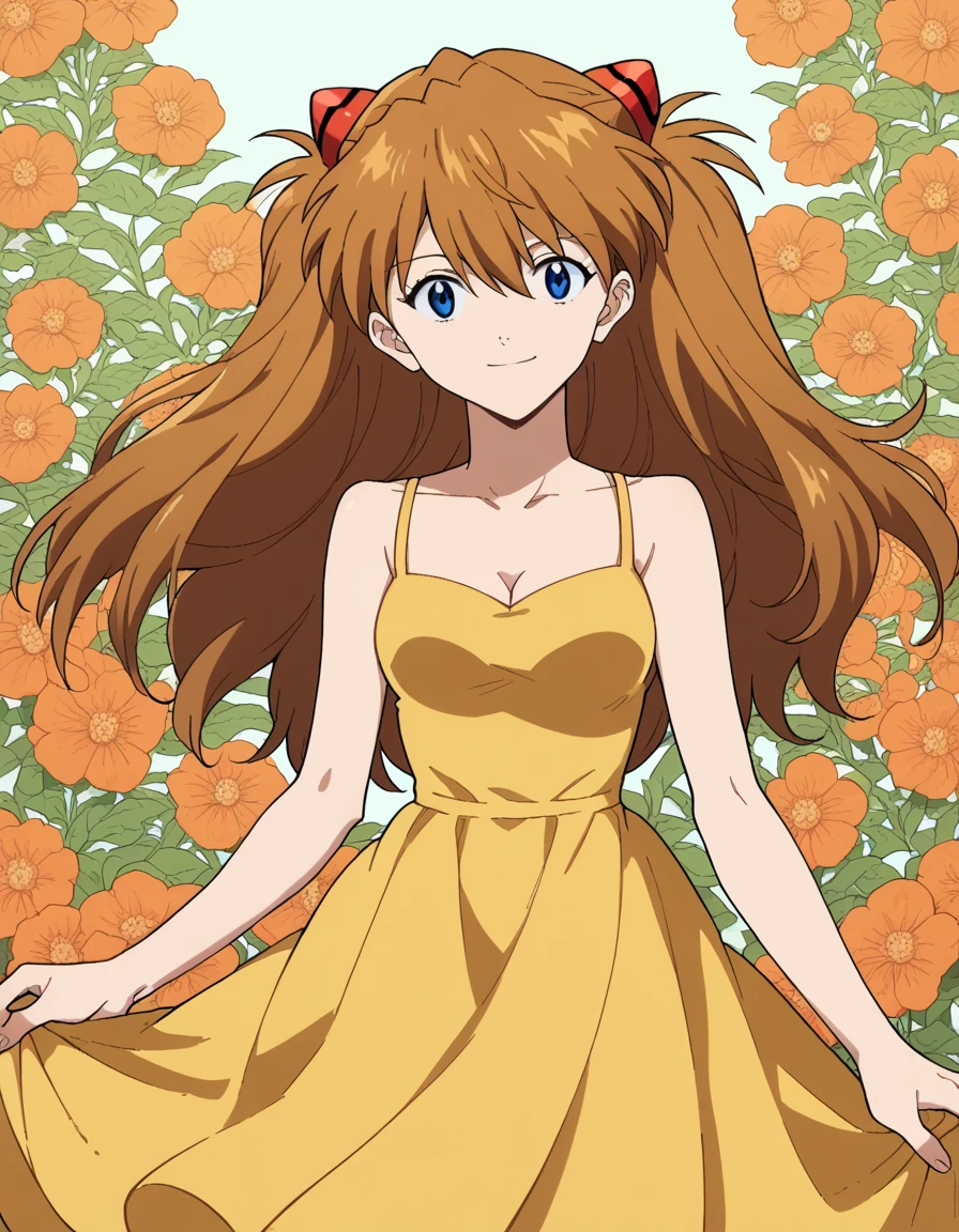 score_9, score_8_up, score_7_up, source_anime,
asukalangley, <lora:asuka-langley-soryu-rebuild-ponyxl-lora-nochekaiser:1>,
asuka langley soryu, long hair, bangs, blue eyes, brown hair, hair ornament,
dress, cleavage, yellow dress, sundress, collarbone, bare shoulders,
smile, <lora:floral-background-ponyxl-lora-nocheakaiser:1>, floral background,
looking at viewer, cowboy shot, dutch angle, solo,