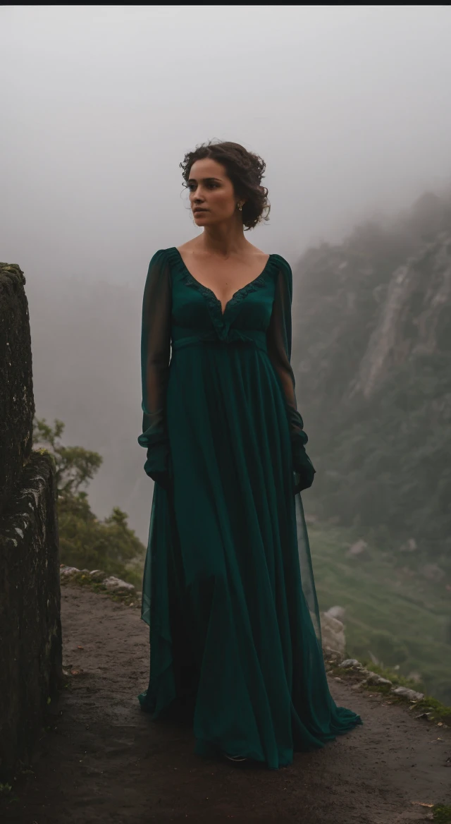RAW photo, subject, 8k uhd, dslr, soft lighting, high quality, film grain, Fujifilm XT3, professional photo, (detailed skin:1.3), high quality, dress with lots of fabric layers, hard shadows,trim, young woman, <lora:Bridgerton_Dresses:0.62> , bridgerton dress, empire waist, bridgerton clothing, gloves, looking to the side, dark, foggy, dimly lit, stone ruins, coastal hills, (best quality, detailed), long sleeves, night, moonlight, colored light, mysterious colors, mysterious woman, hugging herself, looking provocative, furrowed brow, cowboy shot, dark purple dress, black chiffon layer, dark green trim, loose hair, floating hair,