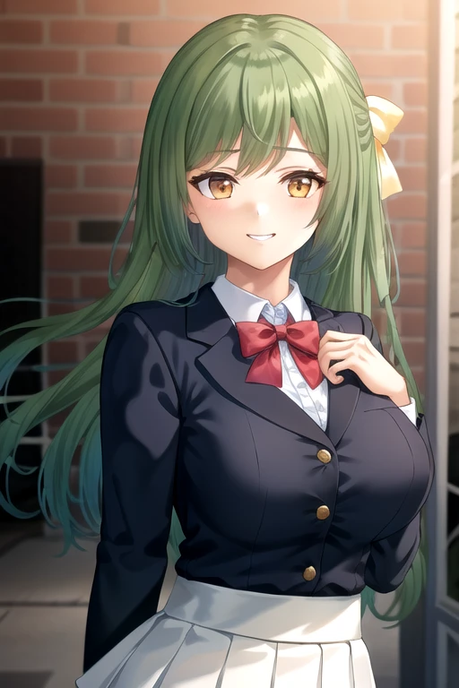 ((masterpiece)),(best quality),official art,extremely delicate and beautiful,extremely detailed CG,unity 8k wallpaper,ultra detailed,beautiful detailed eyes,extremely detailed face,outdoors,1girl,solo,cowboy shot,looking at viewer,facing viewer,smile,Okino Maika,long hair,green hair,half updo,hair ribbon,hair bow,yellow bow,sidelocks,bangs,orange eyes,school uniform,black jacket,blazer,red bowtie,white shirt,collared shirt,long sleeves,large breasts,skindentation,miniskirt,white skirt,pleated skirt,zettai ryouiki,black thighhighs,loafers,black footwear,<lora:Okino Maika(rk):0.7>,