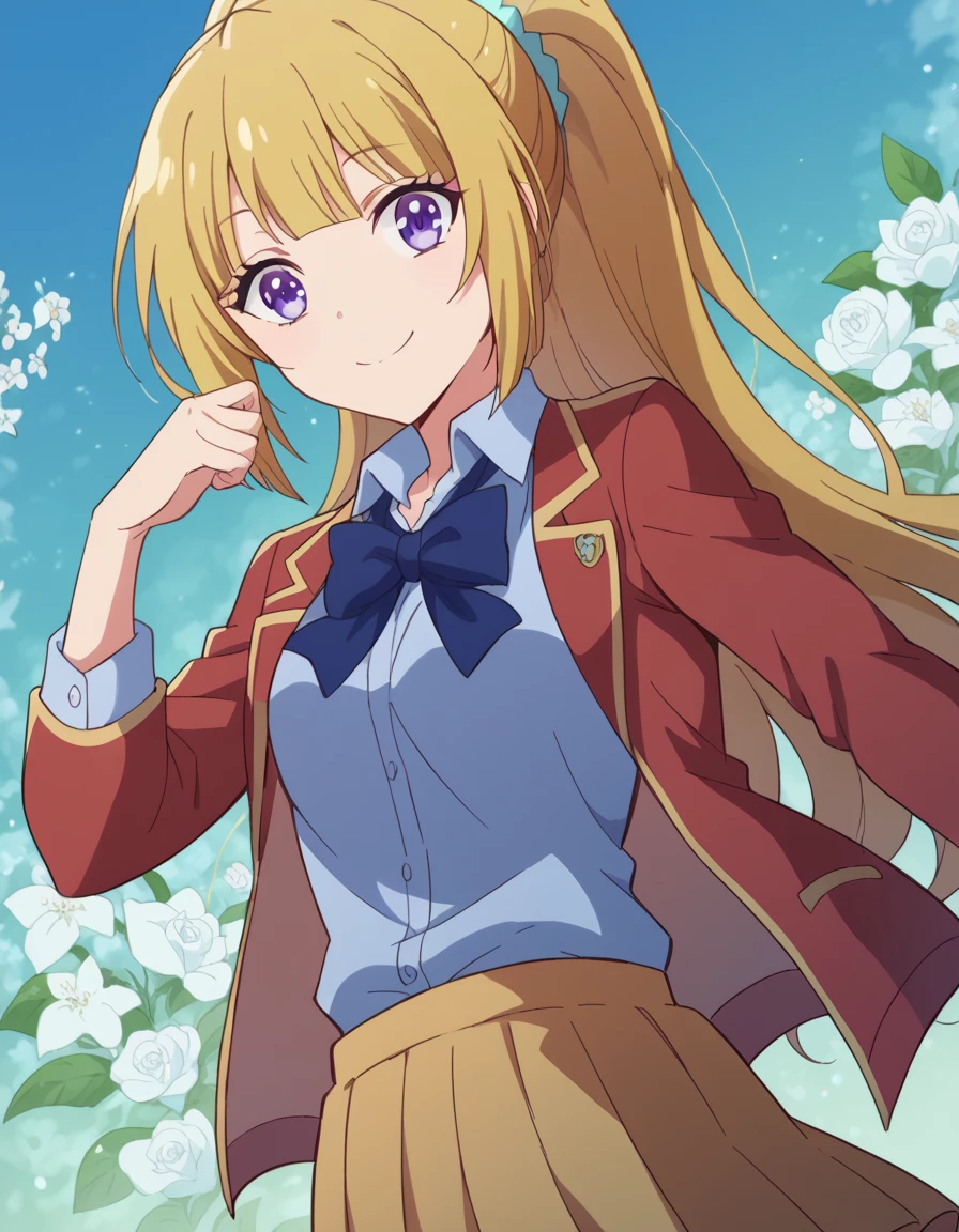 score_9, score_8_up, score_7_up, source_anime,
keikaruizawa, <lora:kei-karuizawa-anime-s2-ponyxl-lora-nochekaiser:1>,
kei karuizawa, long hair, bangs, blunt bangs, purple eyes, blonde hair, shirt, hair ornament, ponytail, scrunchie, blue scrunchie, smile,
skirt, shirt, bow, school uniform, jacket, red jacket, pleated skirt, bowtie, sweater, blue bow, blue shirt,
smile, <lora:floral-background-ponyxl-lora-nocheakaiser:1>, floral background,
looking at viewer, cowboy shot, dutch angle,