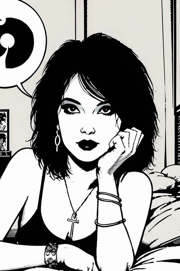 Portrait illustration of d34th3ndl3ss woman, in a bedroom, eye makeup, black white comics