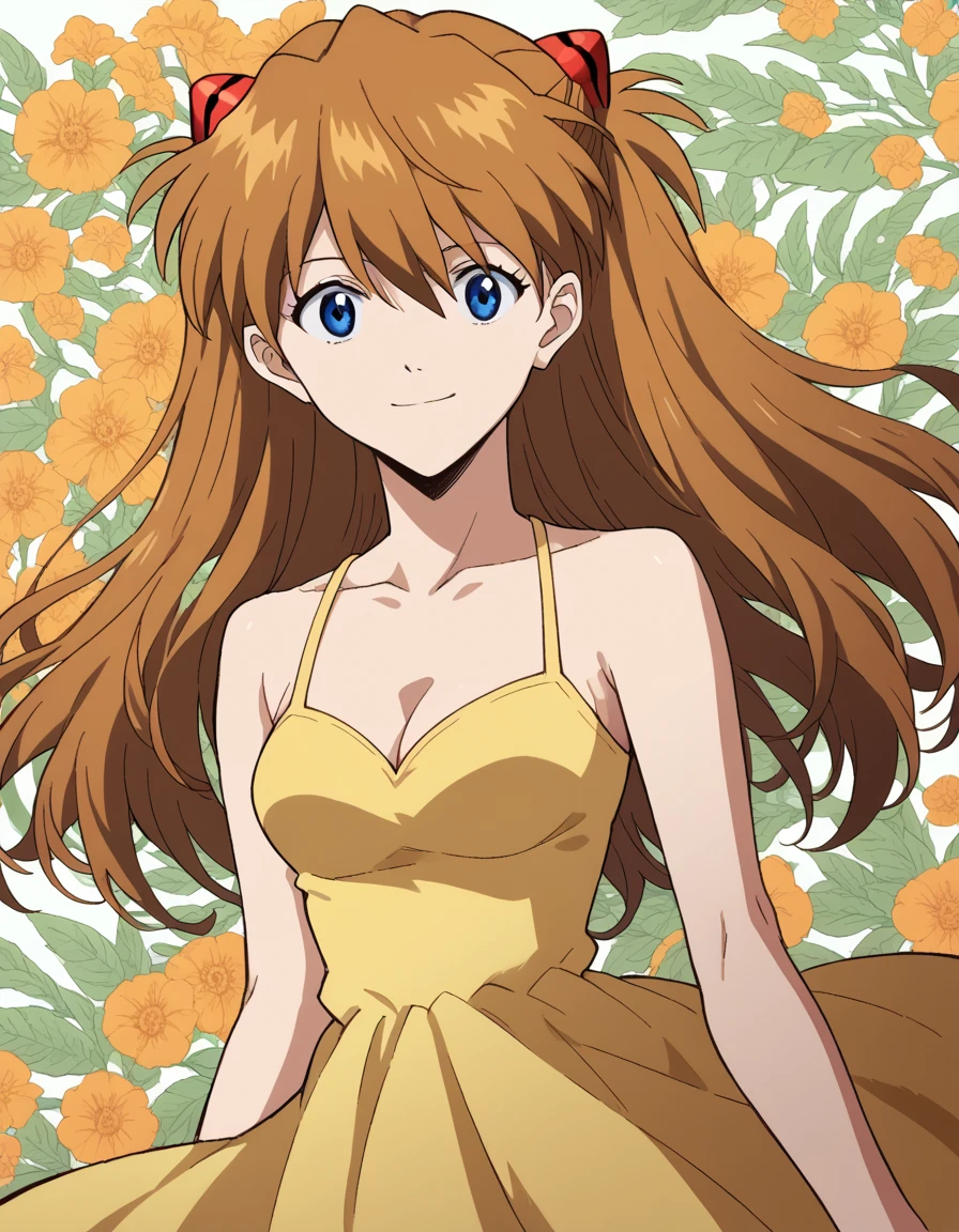 score_9, score_8_up, score_7_up, source_anime,
asukalangley, <lora:asuka-langley-soryu-rebuild-ponyxl-lora-nochekaiser:1>,
asuka langley soryu, long hair, bangs, blue eyes, brown hair, hair ornament,
dress, cleavage, yellow dress, sundress, collarbone, bare shoulders,
smile, <lora:floral-background-ponyxl-lora-nocheakaiser:1>, floral background,
looking at viewer, cowboy shot, dutch angle, solo,