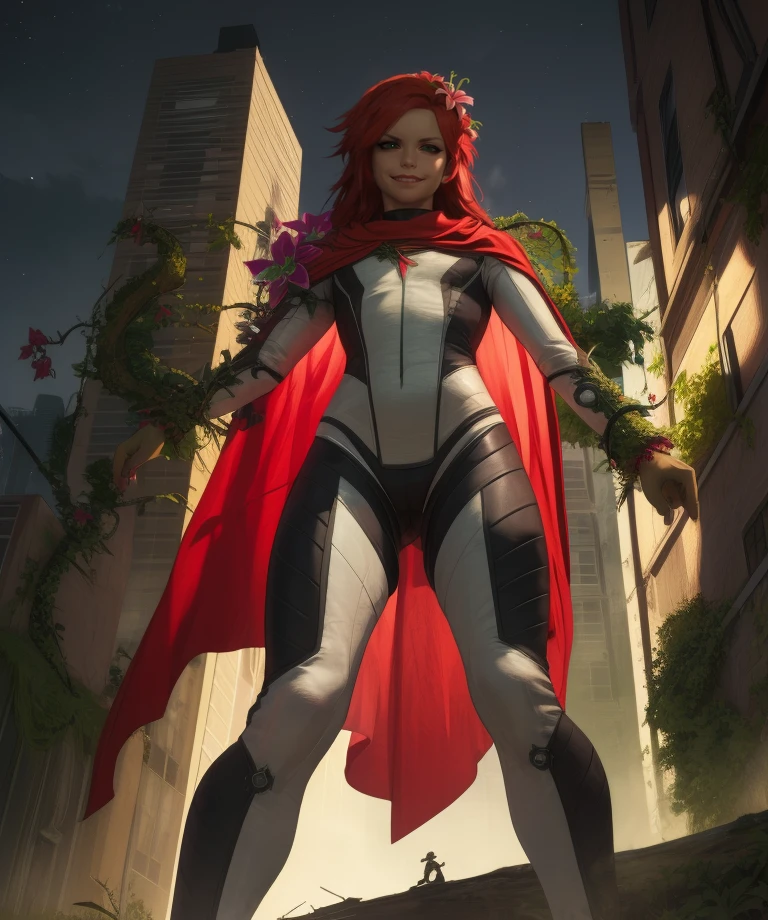 Ivysqq,red hair,black sclera,hair flower,long hair,
bodysuit,red cape,evil smile,
night,large plants,green mist,vines,from below,
light smile,gotham city,
(insanely detailed, masterpiece, best quality),solo,<lora:IvySSQ:0.7>,