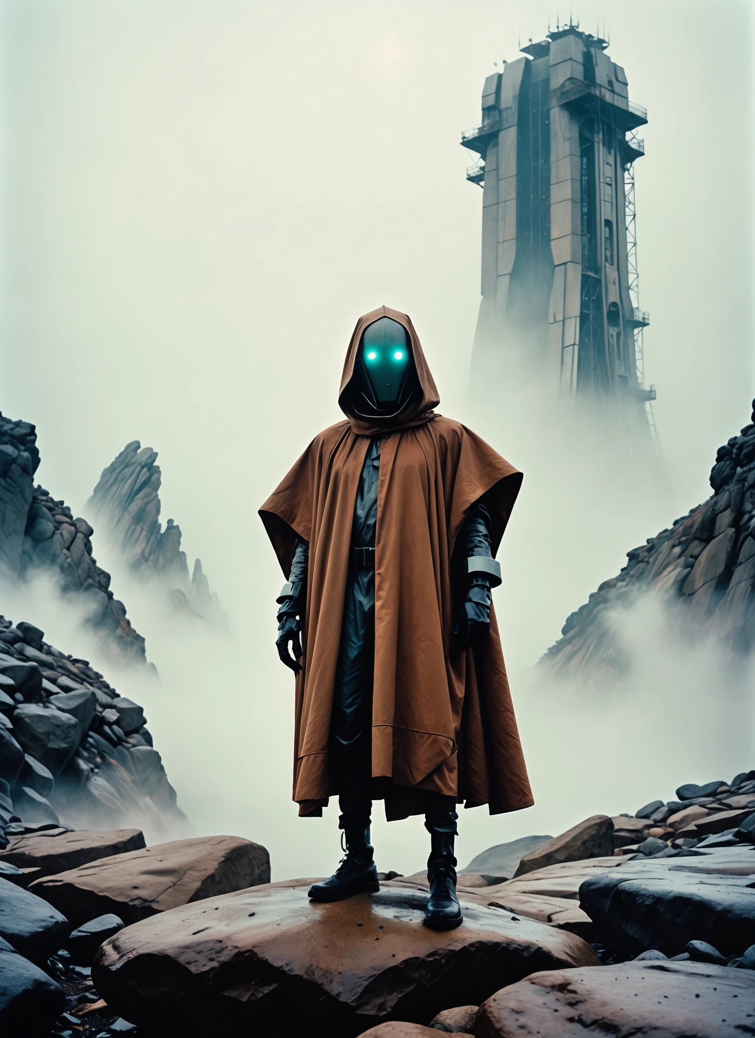 Medium-wide color film 35mm 1976 photography, (Uncommon robot-like creature in cloak:0.5), Rule of thirds composition, Dreary dystopian landscape, Gigantic futuristic structure, Obscure fog, Urban rocks layout, Enigmatic feel, captured with professional 8k raw photography