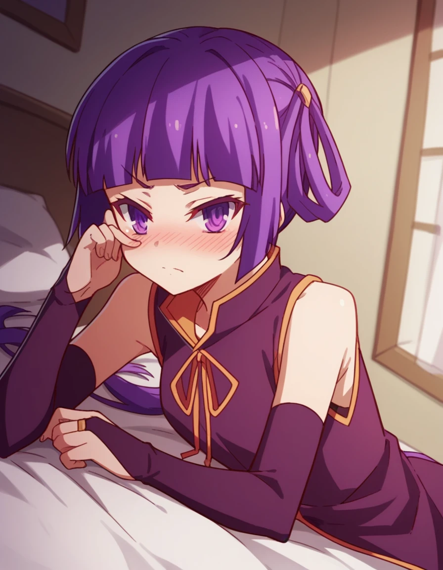 score_9, score_8_up, score_7_up, source_anime,
chlammyzell, <lora:chlammy-zell-s1-ponyxl-lora-nochekaiser:1>,
chlammy zell, long hair, purple eyes, purple hair, bangs, blunt bangs, twintails, hair rings,
detached sleeves, bridal gauntlets, gloves, dress, elbow gloves,
indoors, bed, bed room, on side, blush, drunk,
cowboy shot, looking at viewer, solo, dutch angle,