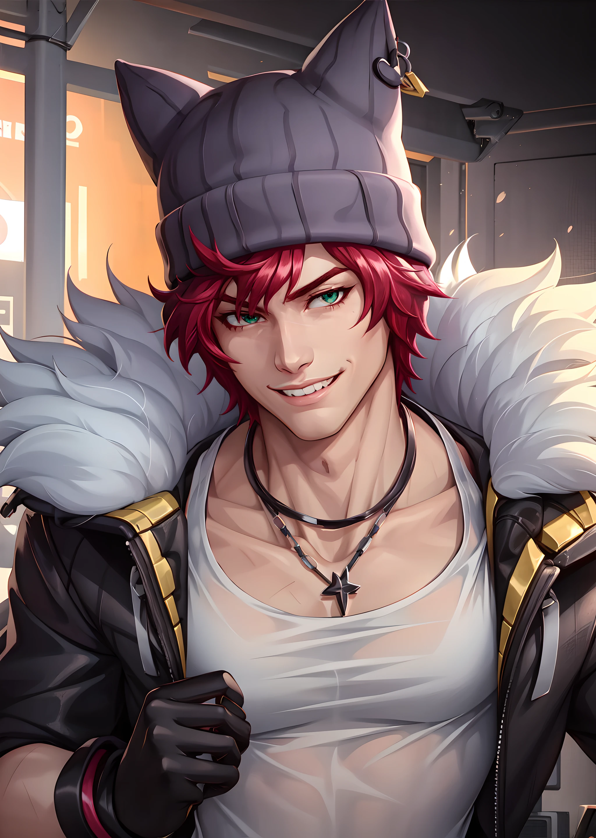 sharp lighting, dramatic, vibrant, 8k hdr, dslr, (best quality), (masterpiece),
<lora:Heartsteel_Sett2:0.74>, hs sett, solo, green eyes, gloves, 1boy, jewelry, jacket, upper body, male focus, red hair, sleeveless, black gloves, necklace, fur trim, muscular, pectorals, muscular male, animal ears, black headwear,animal hat, white tank top, smile, upper teeth