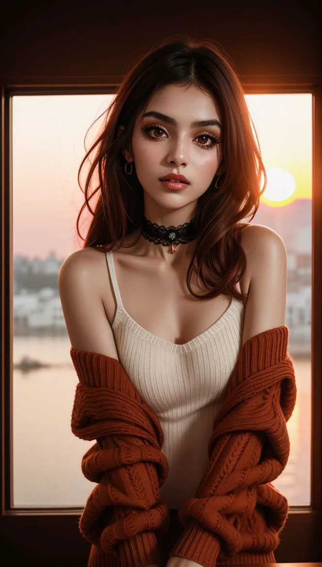 1 young cute iranian girl, very slim, skinny, redhead, rouge, red neck lace choker, cateyes makeup, colorful, oversize knit jumper, softcore, warm lighting, cosy atmosphere, Instagram style, red theme, upper body shot,(cinematic, black and red:0.85), (sunset beautiful background:1.3), sharp, dim colors