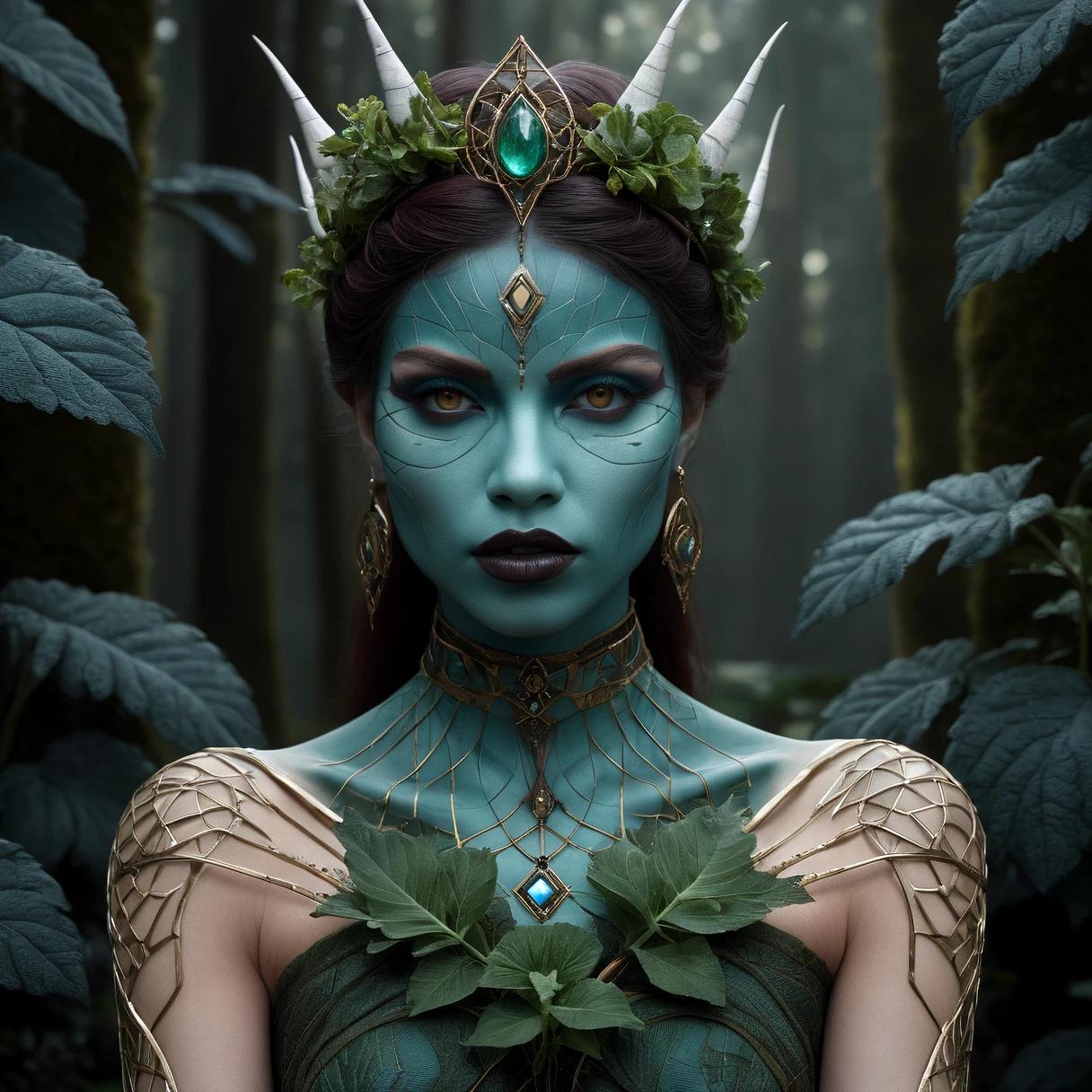 Masterpiece, raw photo, high quality, Midday, Winter, plants mandrake, a stunning digital painting of a mysterious forest woman with Forest Green (Traditional) hair, Mahogany eyes, and Blue (Ryb) lips. The artwork features intricate details, geometric patterns, and a surreal, photorealistic style. Created with a Nikon D850, it showcases amazing depth and fine borders, earning awards for its fantasy and ethereal qualities. perfect eye, perfect hand, perfect body, 8k, 16k, uhd, sharp lines, (lots of details:1.2), extremely detailed, absurdres, intricate detailed, cinematic scene, best quality, high detailed, ultra sharp, photorealistic, award winning,