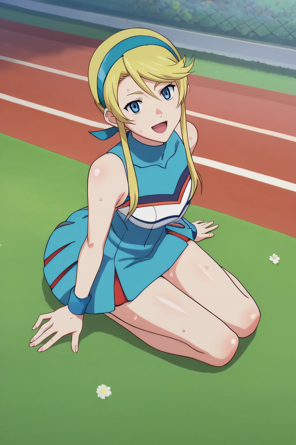 score_9, score_8_up, score_7_up, source_anime, rating_safe, intricate details, anime screencap, official style, <lora:PONY_Lina_Davis:1>, lina, blonde hair, blue eyes, hairband, bicolor dress, cheerleader, blue wristband, looking at viewer, from above, five fingers, open mouth, smile, outdoor, sitting on grass, full body, barefeet, sweaty body, sweat, agura