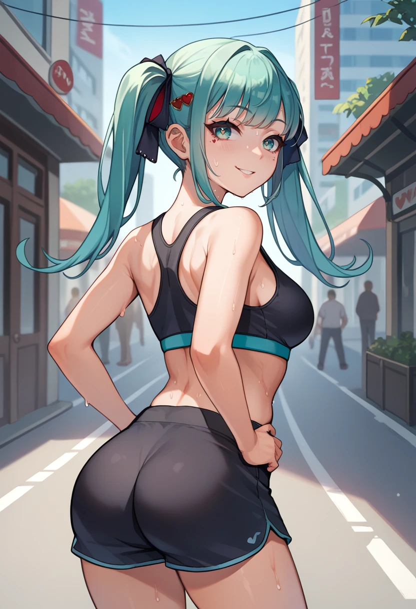 score_9, score_8_up, score_7_up, source_anime, from behind, solo, 1girl, vampiremiku, heart facial mark, sweat, seductive smile, looking back, hands on own hips, aqua hair, twintails, heart hair ornament, hair ribbon, black ribbon, aqua eyes, black sports bra, black shorts, short shorts, ass, outdoors, city street <lora:vocaloid_vampiremiku_ponyXL:1>