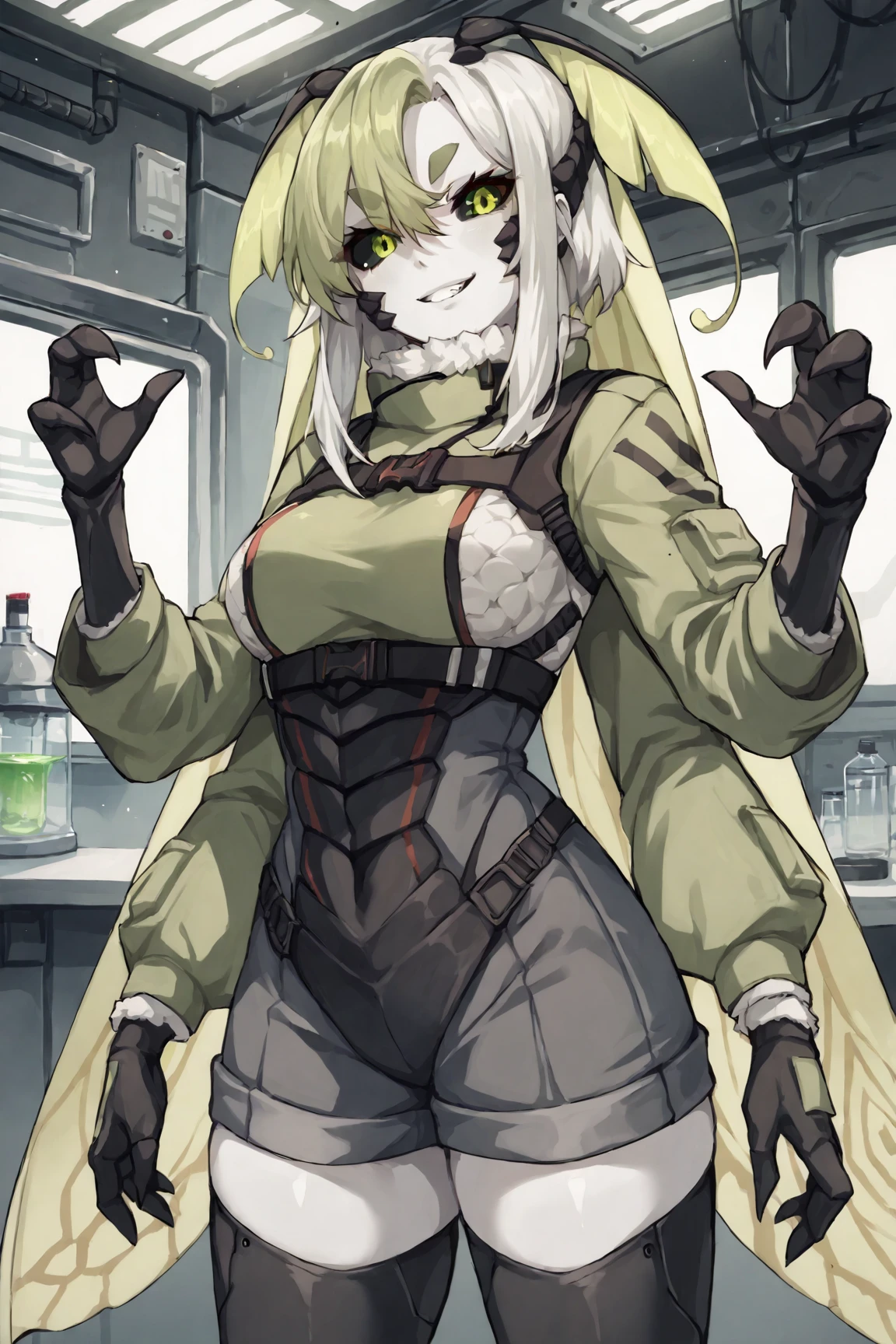 score_9, score_8_up, score_7_up, score_6_up, score_5_up, score_4_up, source_anime, rating_safe, sci-fi, laboratory, 1girl, solo, cowboy shot, (smile:0.7), lunesuit, looking at viewer, (extra arms:0.6),
<lora:JuniperActias:1> juniperactias, pale skin, black sclera, (green eyes:0.8), [black thighhighs, black gloves::2]