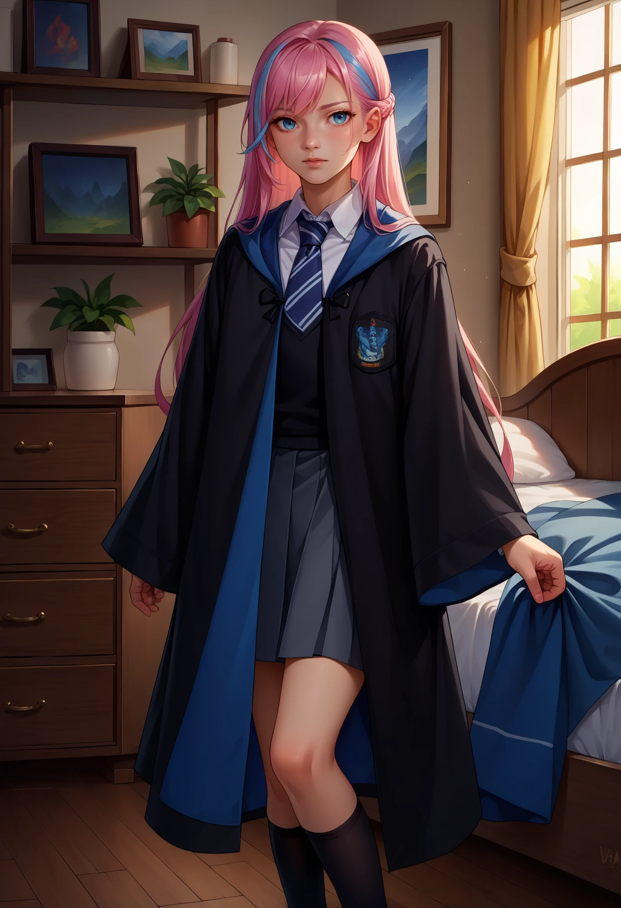 score_9, score_8_up,score_7_up, source_anime,1girl, solo, pink hair, blue hair, streaked hair, very long hair, blue eyes,  <lora:EPRobeRavenclaw-10:1>, EPRobeRavenclaw, wearing EPRobeRavenclaw, collared shirt, closed robe, white shirt, emblem, grey skirt, black robe, blue necktie, striped necktie, grey sweater, wide sleeves, long sleeves, hood down, black legwear, kneehighs, loafers, bedroom,