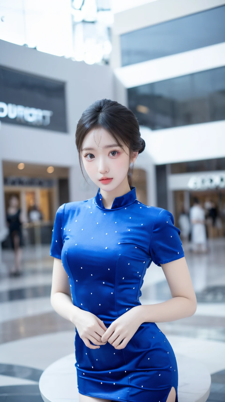 (masterpiece, best quality:1.2),bright colors,solo,photo_,(1girl:1.3),(standing:1.3),(looking at viewer:1.4),Elegant,detailed gorgeous face,(upper body:1.1),realistic,(mall background:1.4),,MIS,blue dress,thighhighs,short sleeves,<lora:MIS69:0.75>