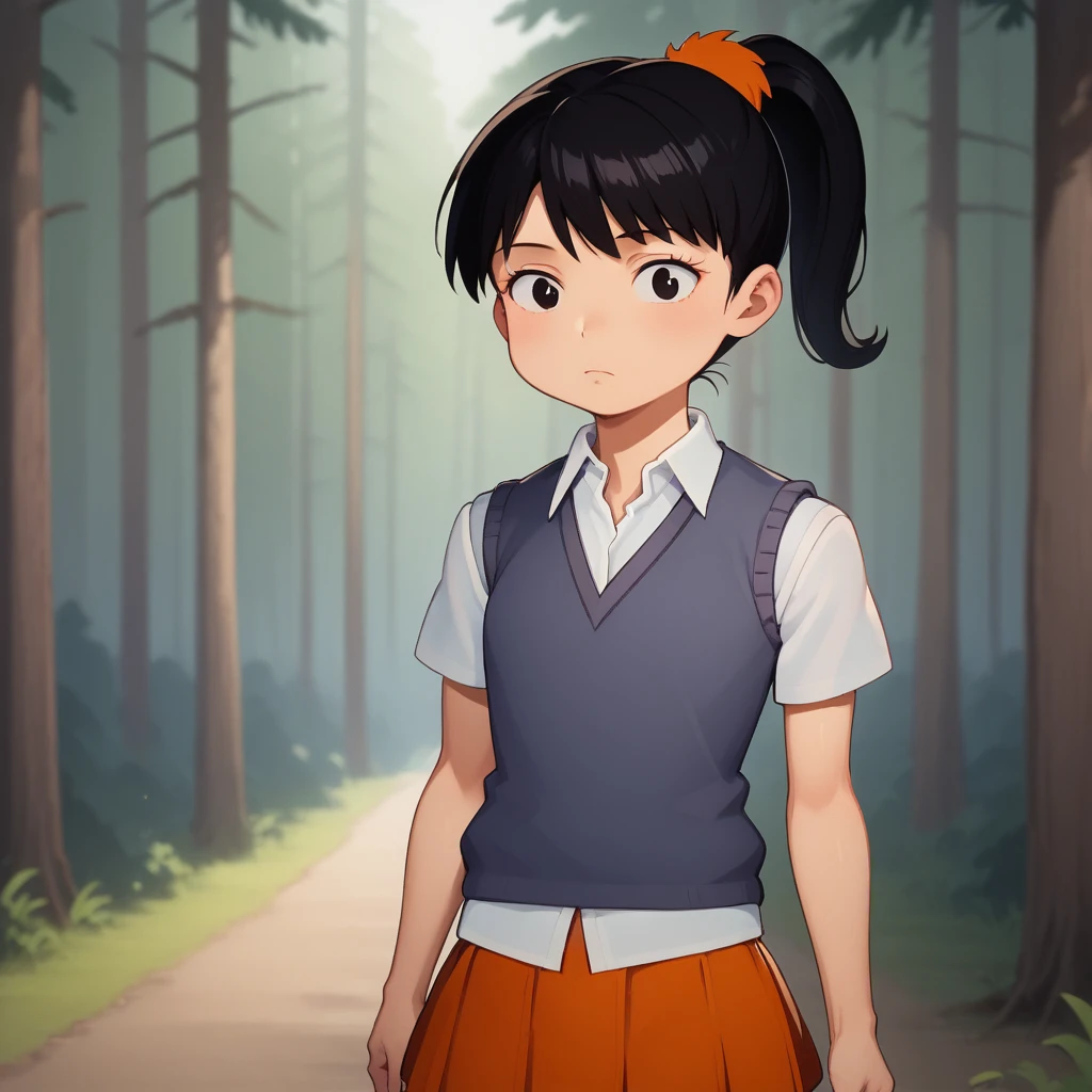 score_7_up, BREAK, Akiko Yoshida, 1girl,  solo, black hair, ponytail, <lora:Akiko_Yoshida_PXL_Leaf2:1> , sweater vest, white shirt, school uniform, orange skirt, cowboy shot, forest, depth of field,