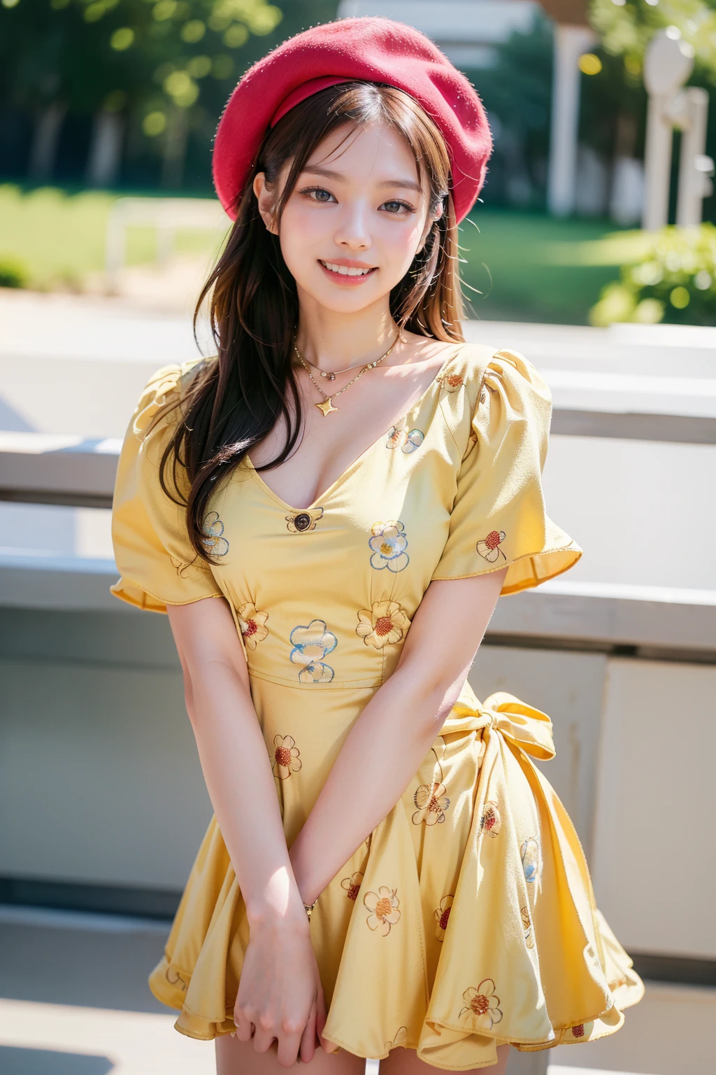 (best quality, photo realistic, hyper detail, sunlight ) 1girl,solo,brown hair,standing,outdoors,detailed skin,smile,yellow collared dress short sleeve,bohemian flowers print,star necklace,cowboy shot,red beret,bokeh,film grain,(small breast:1.2),<lora:Jennie-v2-1:0.9>,jennie,